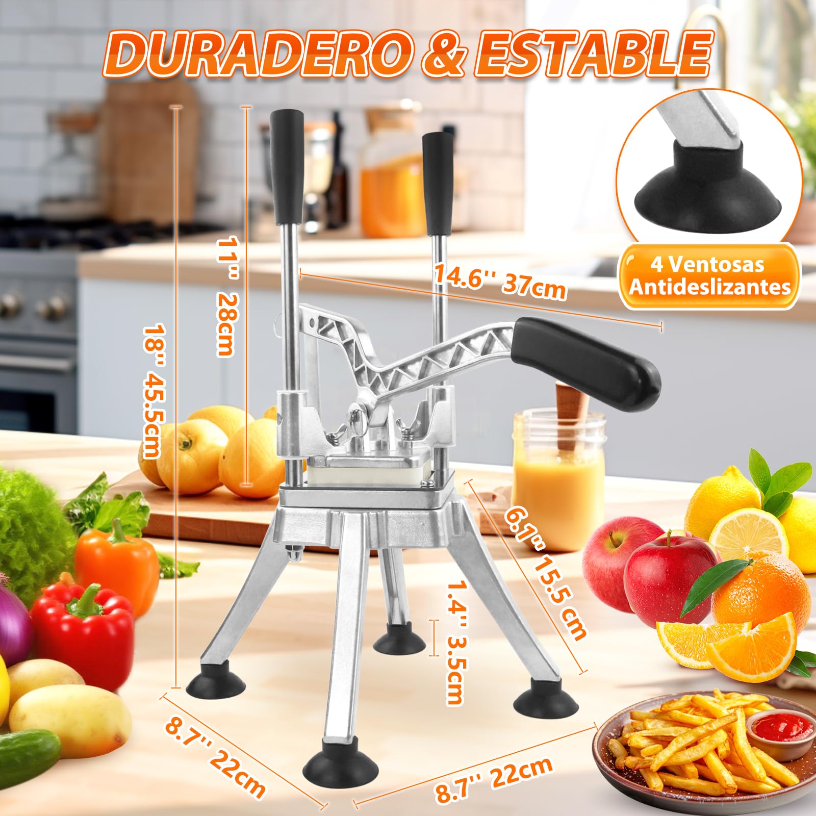 Anatole Cortador de Patatas Fritas Profesional Vertical con 6mm 9mm 13mm Cuña Cuchillas de Acero Inoxidable Cortador de Frutas y Verduras Manual para Zanahoria Pepino Cebolla Manzana Limón