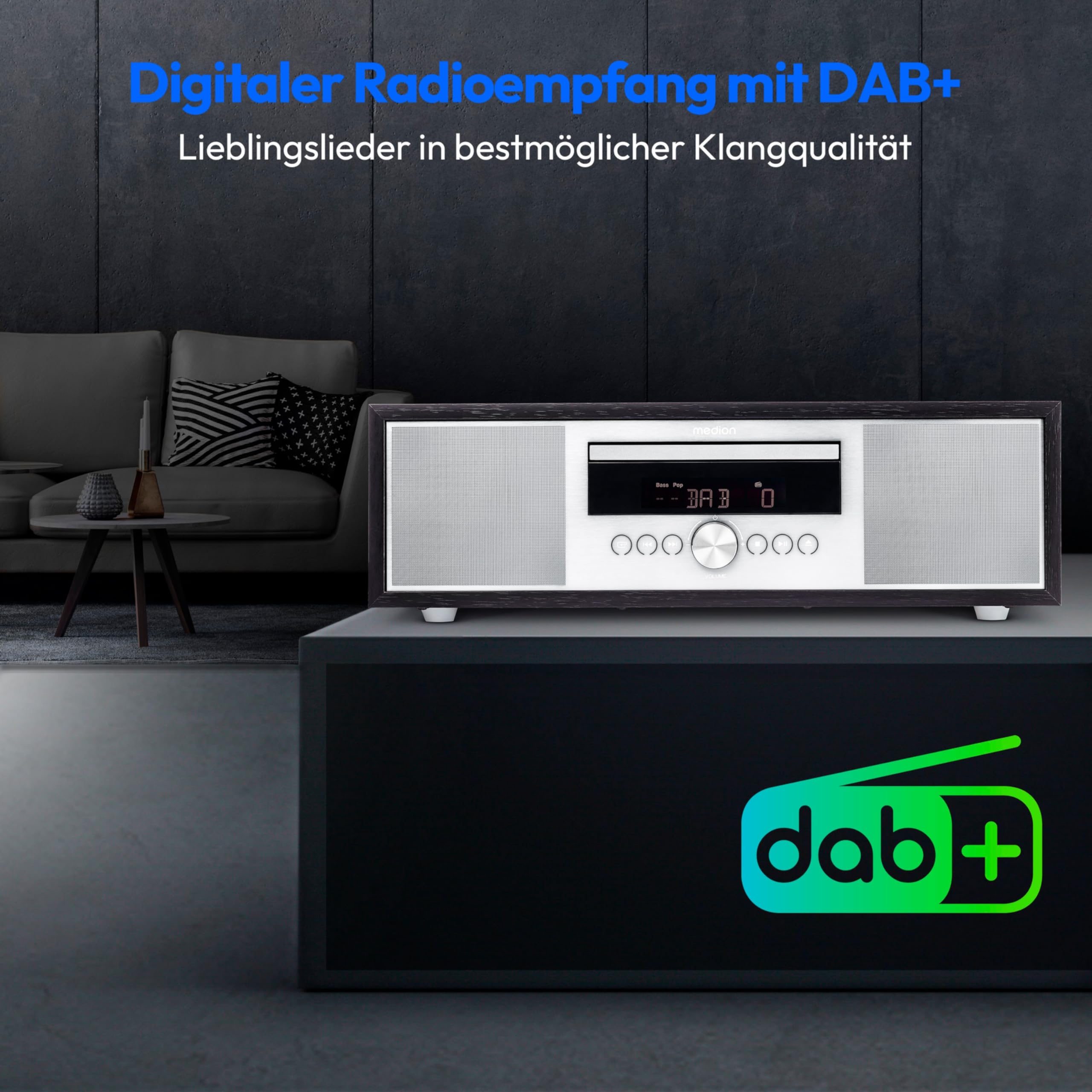 MEDION P64145 Stereoanlage (DAB+, CD, MP3, PLL UKW Radio, USB, Kompaktanlage, Elegantes Design, Weckfunktion, Sleep Einschlafautomatik) schwarz-Silber