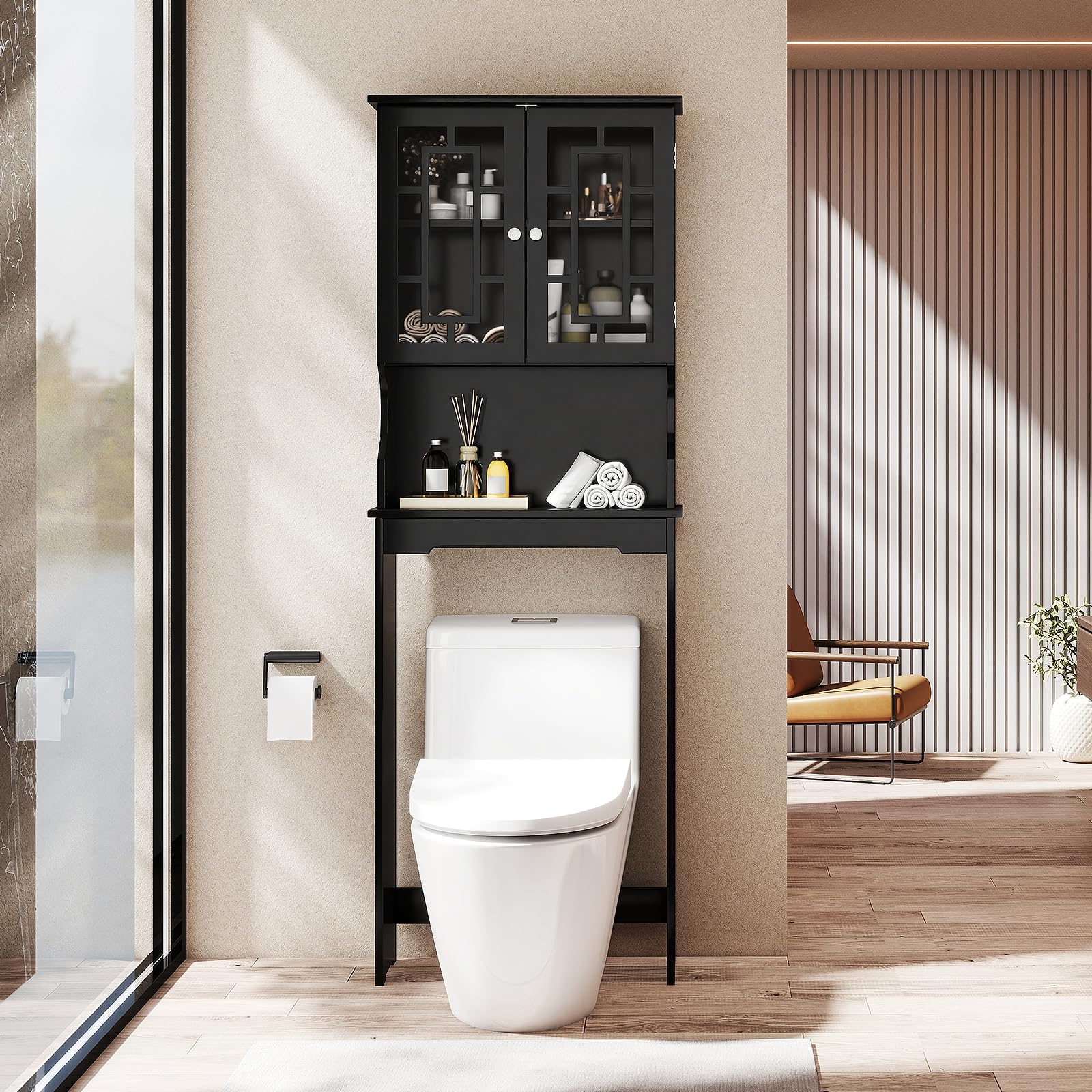 LIFEZEAL Étagère de toilettes, à 3 étages réglables en hauteur, gain de place, en bois, armoire de machine à laver, avec compartiments ouverts, 60 x 22 x 170,5 cm (noir)
