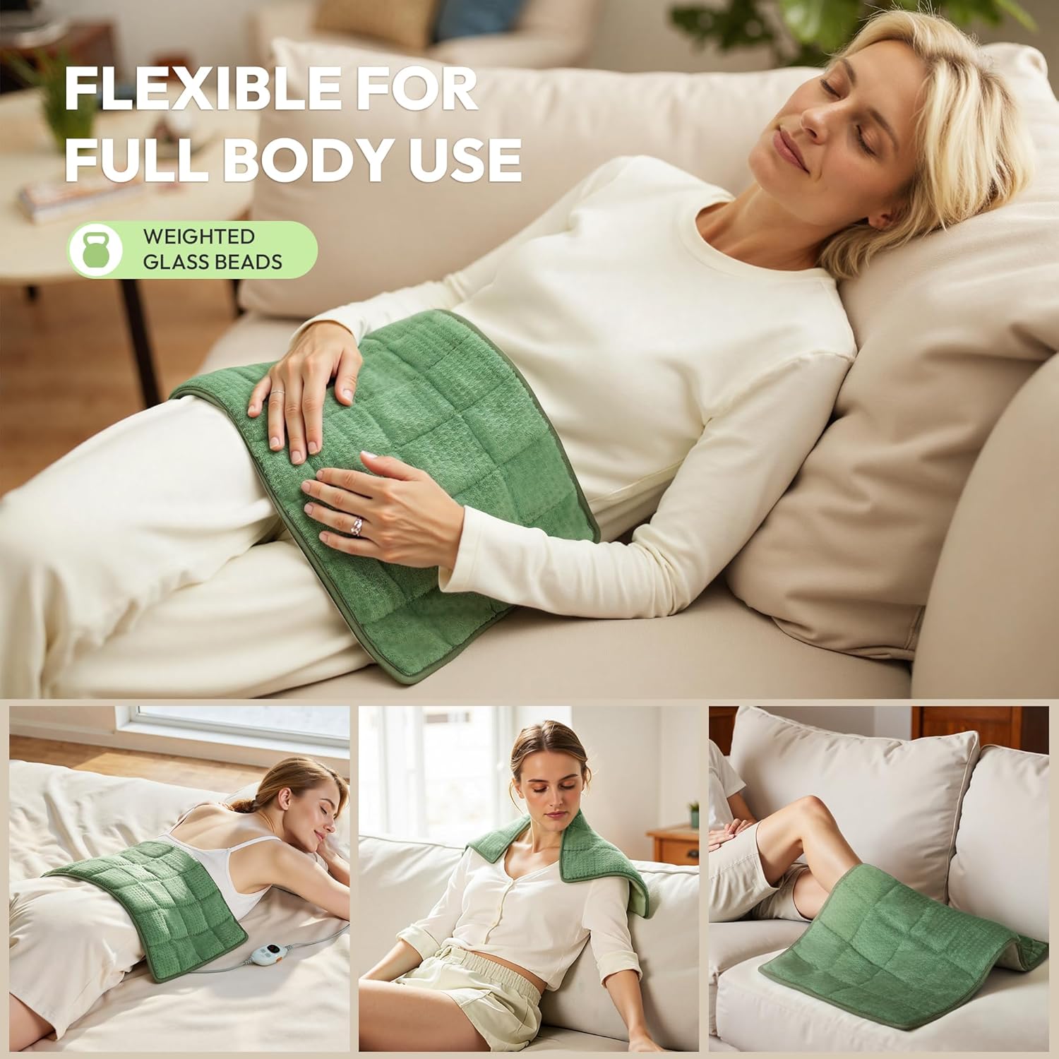 GOTCOZY Weighted Heating Pad 12"X24" - Electric Heat Pad for Back Neck Shoulder Pain Relief,6 Heat Settings,3H Auto Shut Off, Birthday Gifts for Women Men, Dad, Mom (Sage Green)