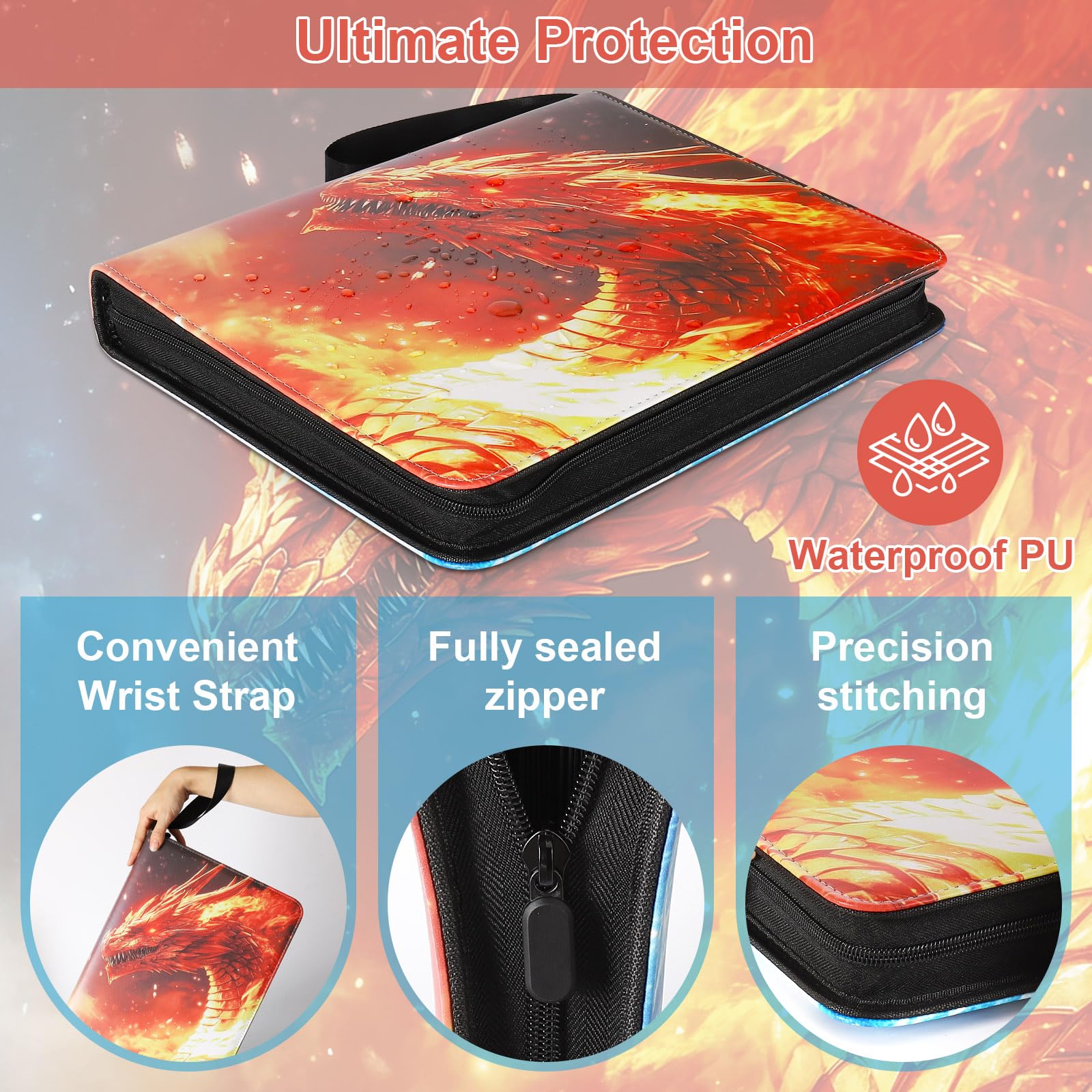 Fire & Ice Dragon - Raccoglitore per carte collezionabili a 9 tasche, contiene 900 carte con 50 maniche rimovibili su entrambi i lati, raccoglitore con cerniera in pelle PU impermeabile per