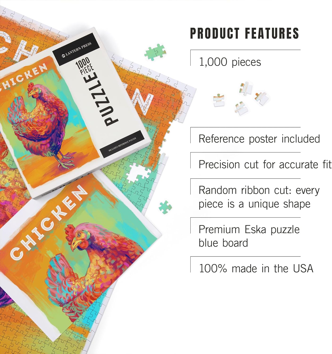 Lantern Press Chicken, Hen, Vivid Series 1000 Piece Jigsaw Puzzle for Adults, Made in USA with Reference Poster