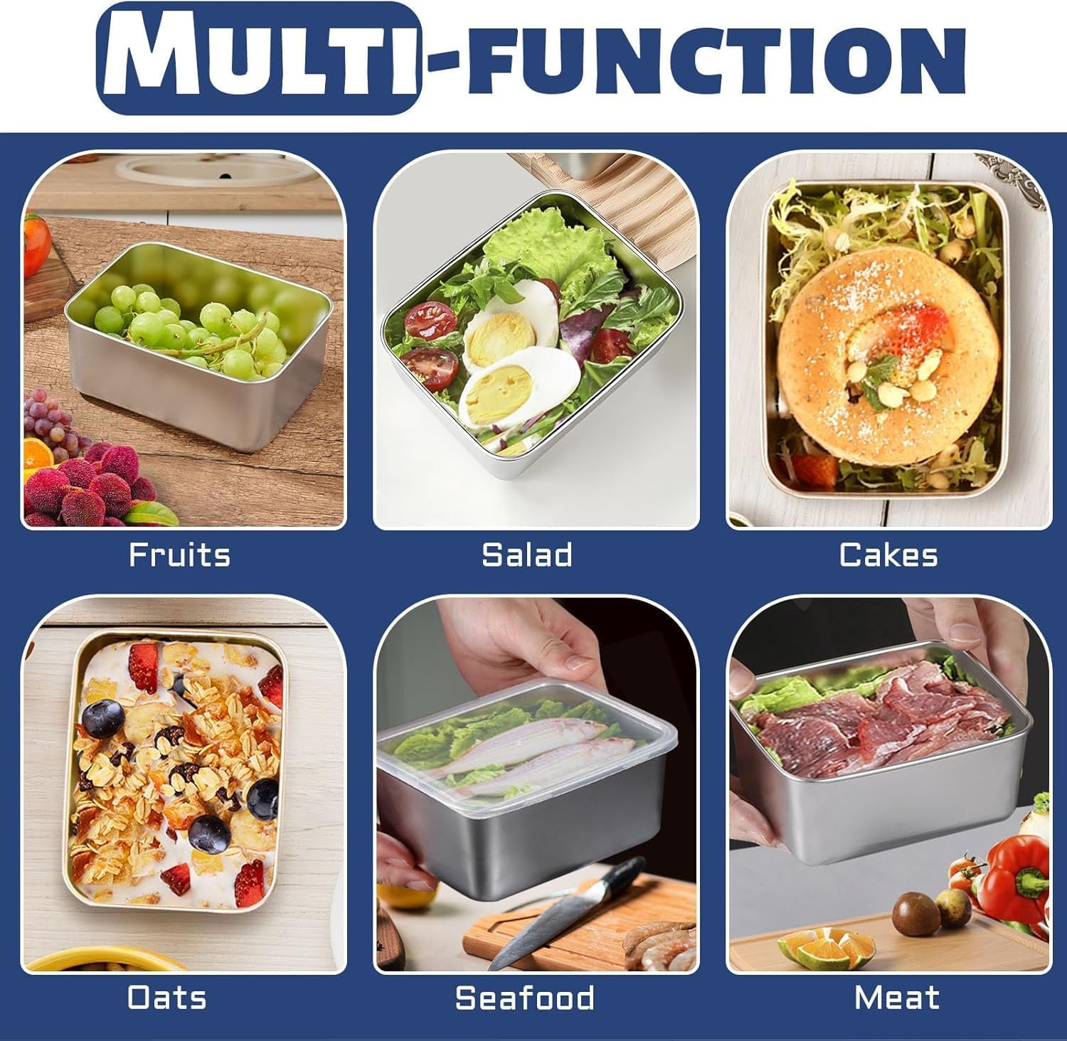 AADIVY 500 ML 5-Pcs Stainless Steel Food Storage Containers with Transparent Lids | Rectangle Tray for Kitchen | Microwave, Freezer & Dishwasher Safe (Silver with Transparent Lid, 500ML) - Image 3 thumbnail