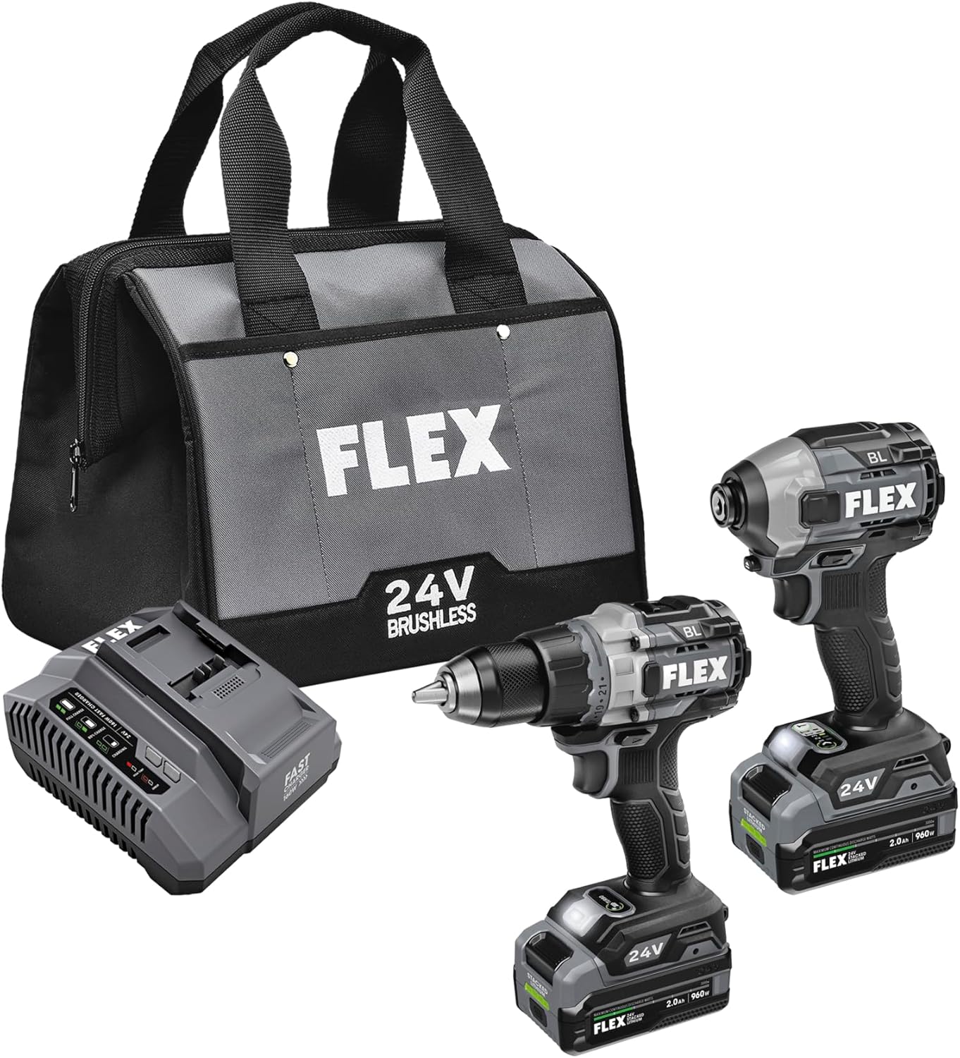FLEX 24V Brushless Cordless Hammer Drill with Turbo Mode Impact Driver Stacked Lithium Kit with (2) 2.0Ah Stacked Lithium Batteries and 160W Charger Included - FXM202-2K