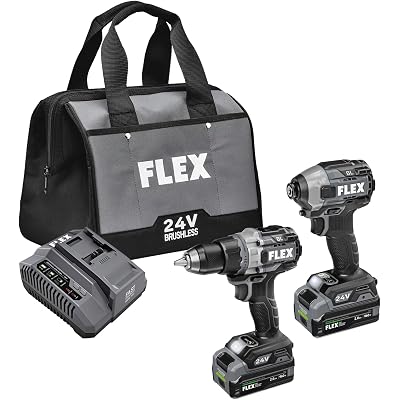 FLEX 24V Brushless Cordless Hammer Drill with Turbo Mode Impact Driver Stacked Lithium Kit with (2) 2.0Ah Stacked Lithium Batteries and 160W Charger Included - FXM202-2K