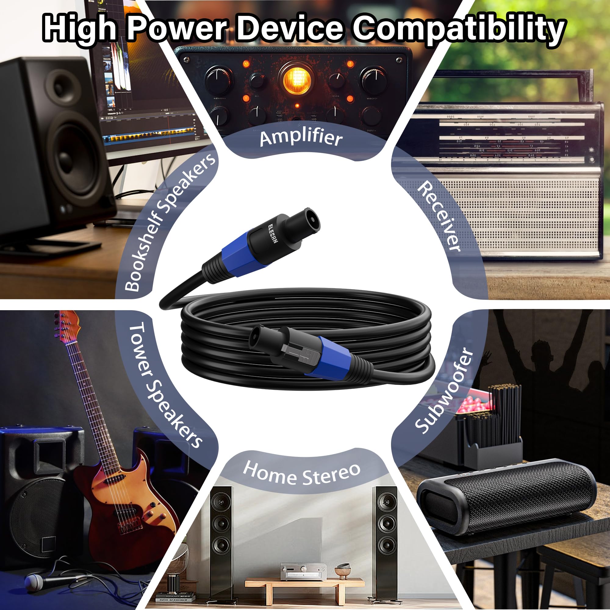 Elecan Cavo audio professionale da Speakon maschio a Speakon da 3,1 m, 12 AWG, ad alta potenza, per amplificatori DJ/PA, con connettore Twist Lock, diametro esterno 9,5 mm, nero + fascette