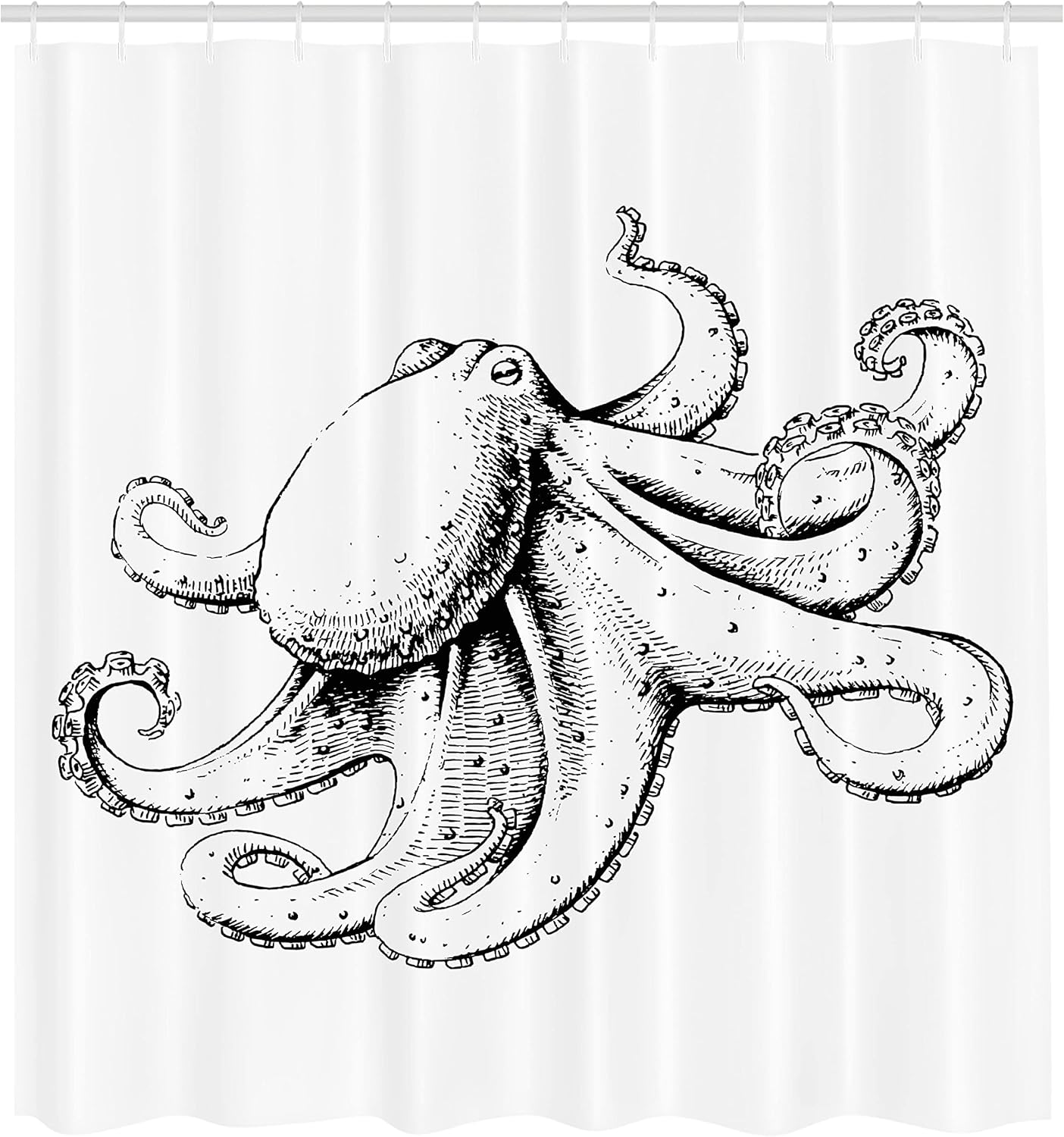 Ambesonne Octopus Shower Curtain, Swimming Wild Octopus Sketch Image with Tentacles Monster Sea Creature Art Print, Cloth Fabric Bathroom Decor Set with Hooks, 69" W x 75" L, Black White