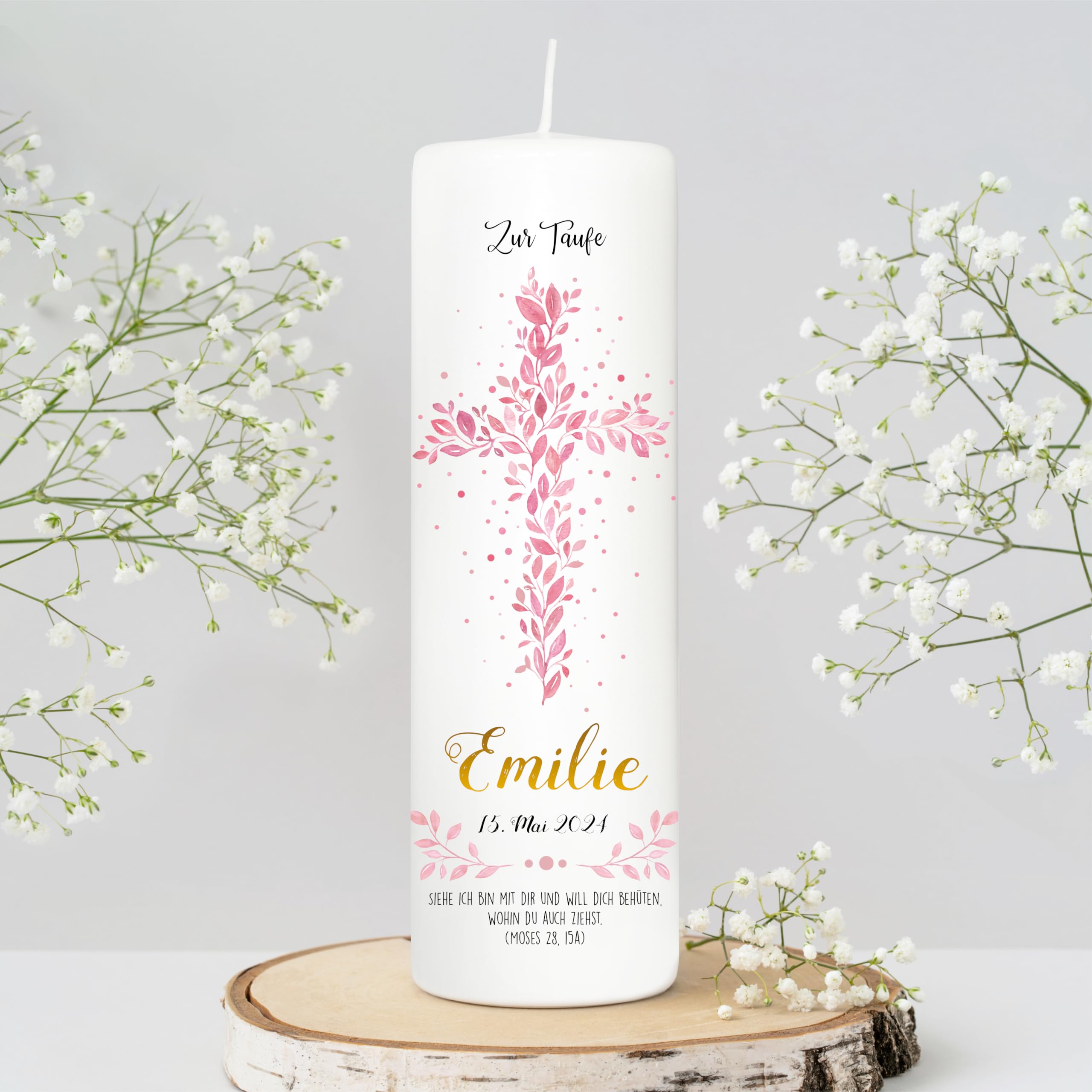 Wandtattoo Loft Taufkerze Mädchen mit Taufspruch, Motiv Heiliges Kreuz aus rosa Blättern, 25cm x 8cm, personalisierte Kerze, bedruckte rosa Kerze Taufe, Stumpenkerze, individuelles Taufgeschenk