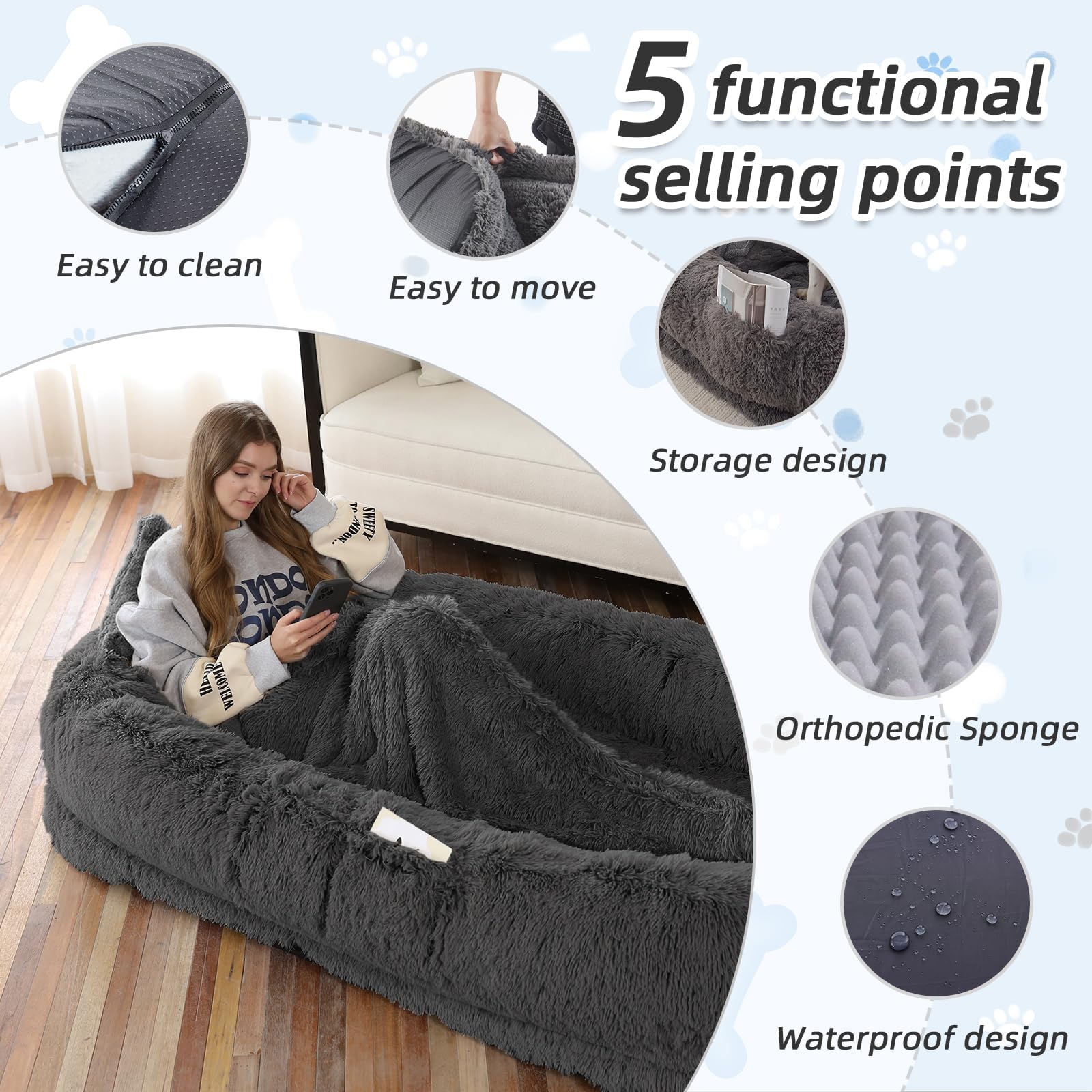 Human Dog Bed, 71''x45''x12'' Size Fits You and Pets, Washable Faux Fur Pet Bed for People Doze Off, Napping Orthopedic Dog Bed, Present Plump Pillow, Blanket, Strap - Pink: 71.0"L x 45.0"W x 12.0"Th Dark Grey