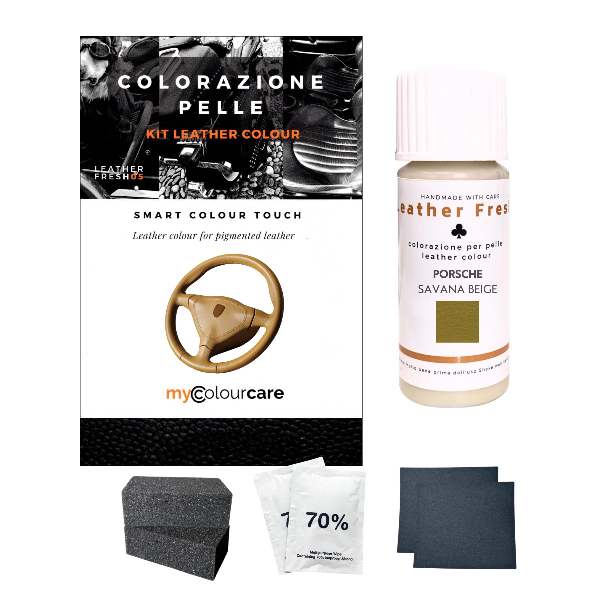 Kit rinnovo vernice volante ritocco colore per pelle e similpelle - Beige Savanna da 30 ml