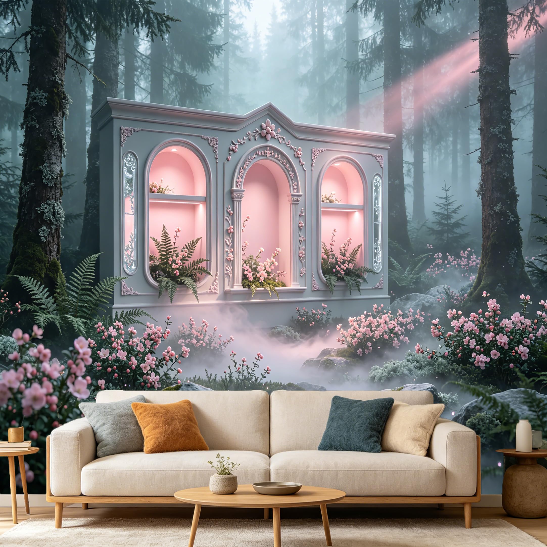 Custom Size Wall Mural， 3D Pink Archway Forest Floral Botanical Mist， SelfAdhesive Art Prints wall Fabric Removable Large Wallpaper Home Living Room Decor