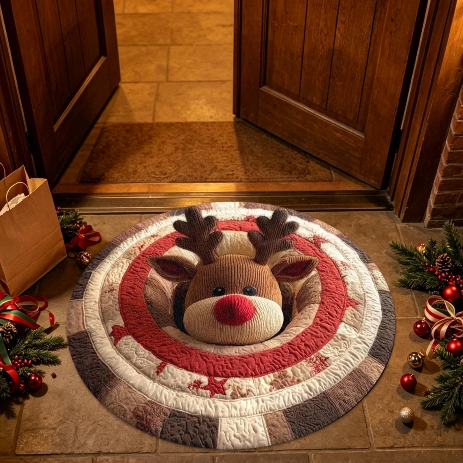 3D Rugs Optical Illusion Christmas, 3D Christmas Round Rug for Living Room
