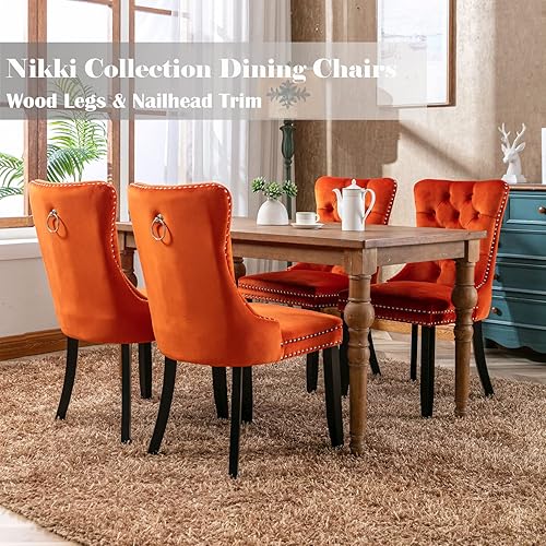 Miniatura 64 de Juego de 4 sillas de comedor de terciopelo beige, sillas de comedor tapizadas con adorno de tirador de anillo trasero y patas de madera maciza,