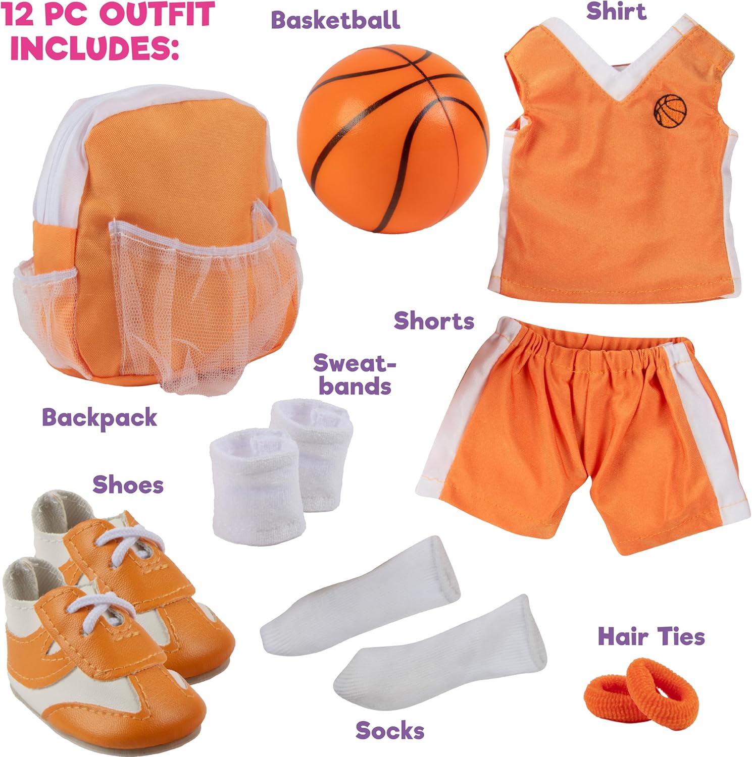 Girls Basketball Uniform 8pc Doll Outfit- Includes Basketball, Sneakers, Jersey, Shorts, Backpack & More- Handmade Outfit & Accessories Compatible with 18" American Girl Doll- Gift for Girls, Birthday