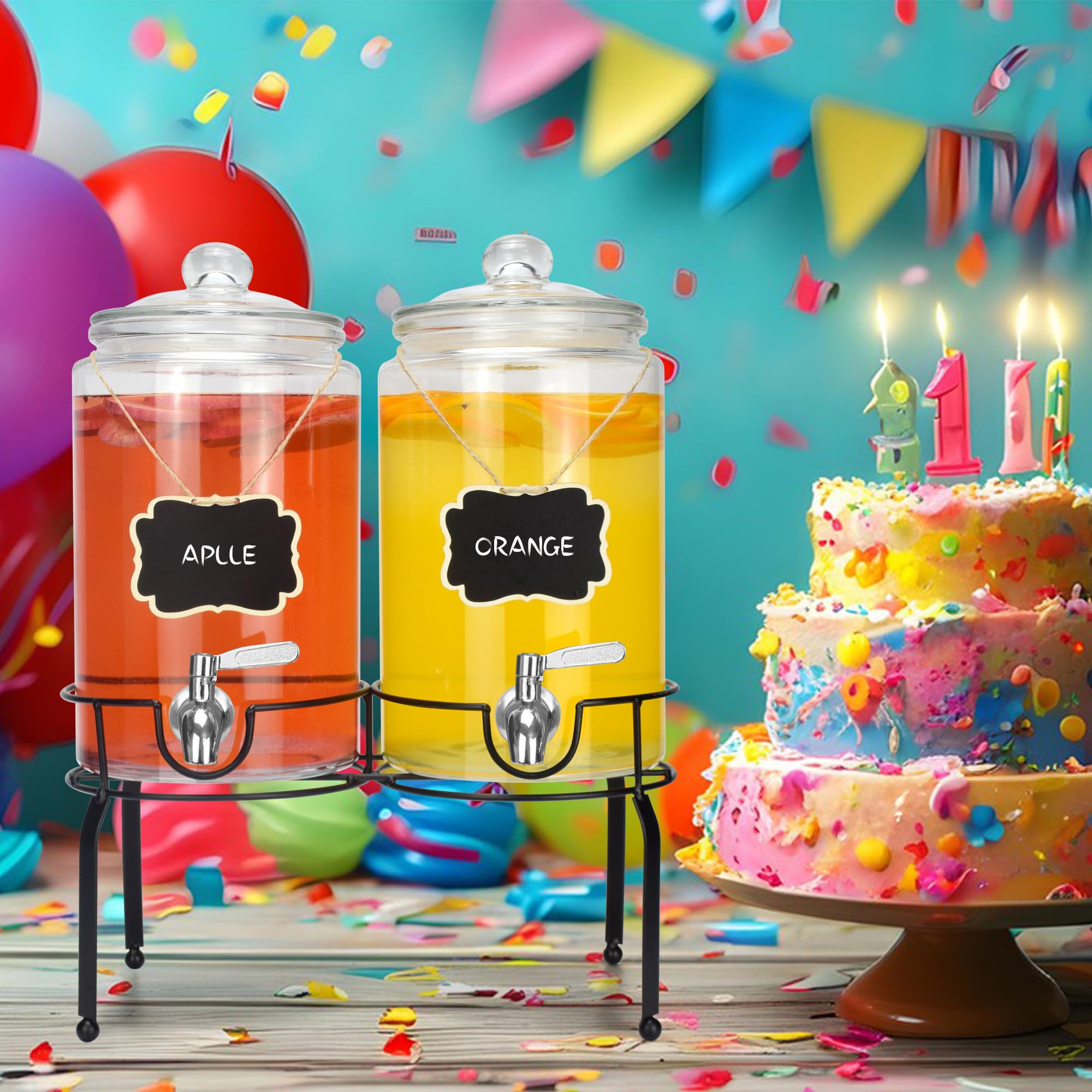 Dispensador de bebidas de 1 galón, paquete de 2, dispensador de bebidas de espita de acero inoxidable para fiestas con soporte, recipiente de vidrio transparente fácil de rellenar y limpiar 7