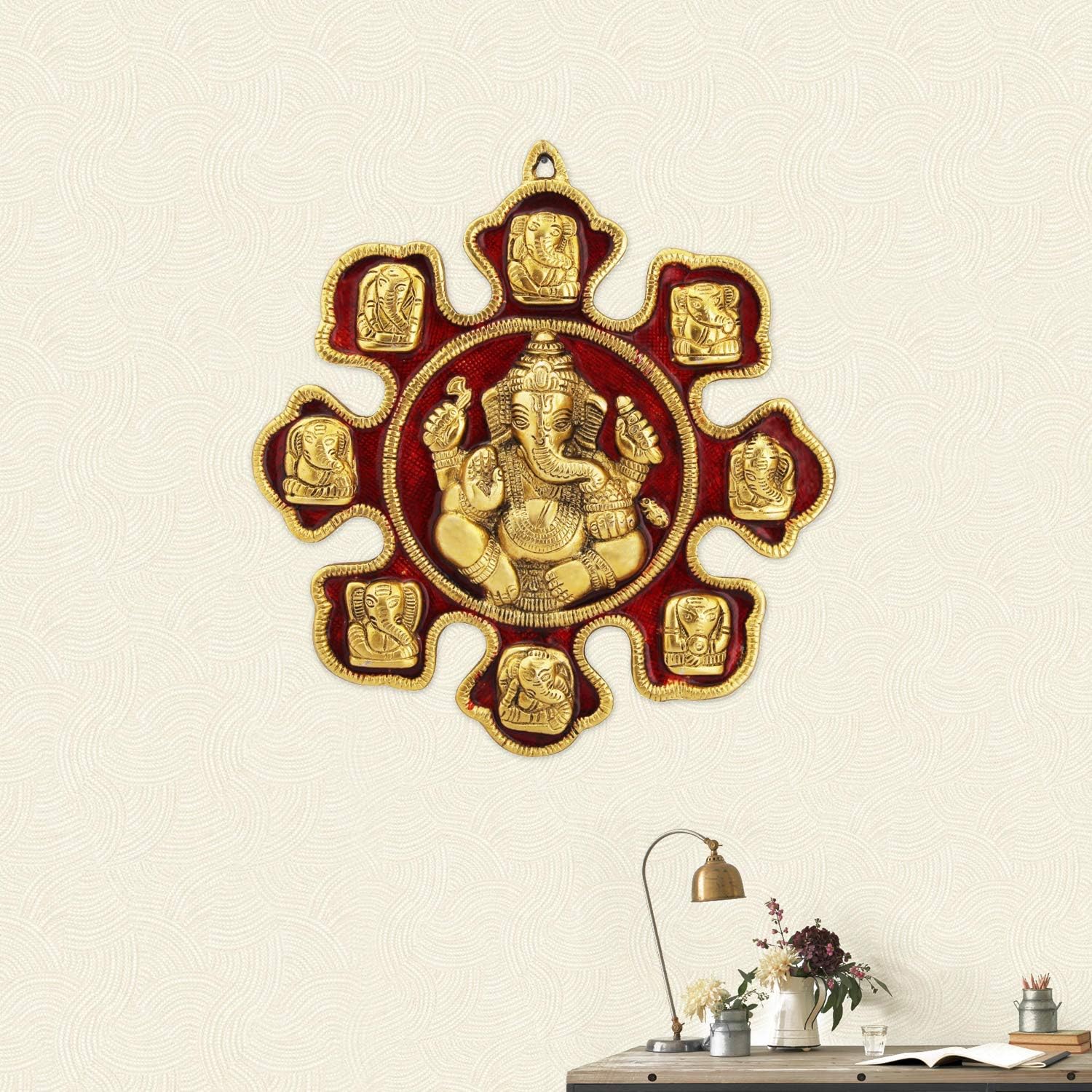 Handicrafts Paradise Metal Wall Hanging Ganesha Showpiece Figurine, Multicolours 10.5 X 11 Inch, 1 Pcs