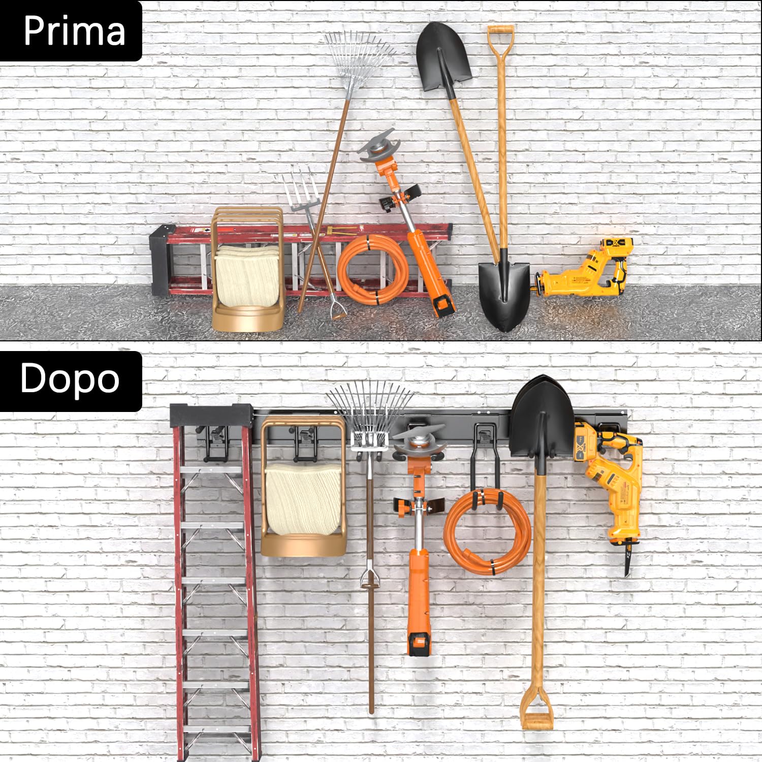 3-H Portautensili per garage, 160 cm, regolabili, 11 ganci da parete per garage e 4 ganci a S, per attrezzi da giardino, per cantina, attrezzature da sci, scopa, rastrello, nero
