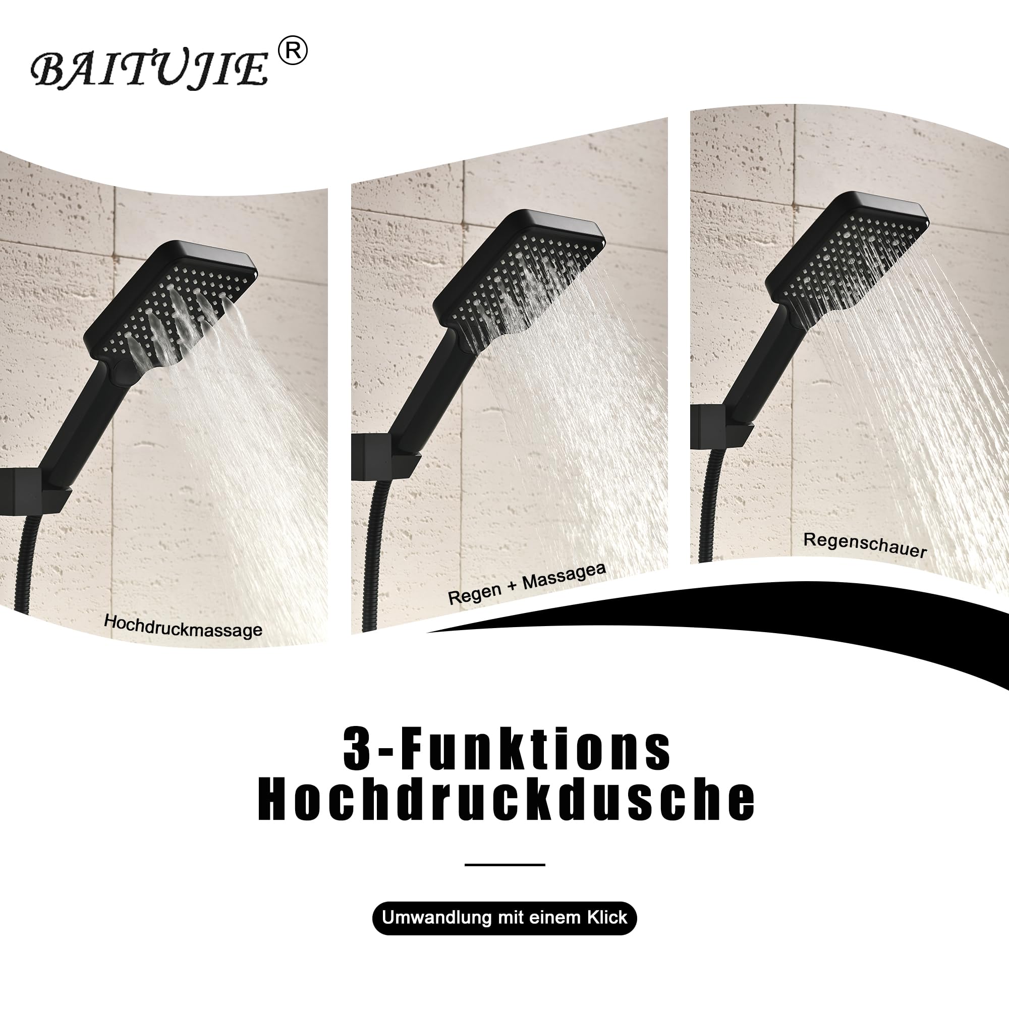 Badewannenarmatur Schwarz, Mischbatterie Badewanne mit 3 Funktionen Handbrause Wasserhahn Bad Schwarz Matt mit 90° Drehbaren Auslauf Armaturen Badewanne