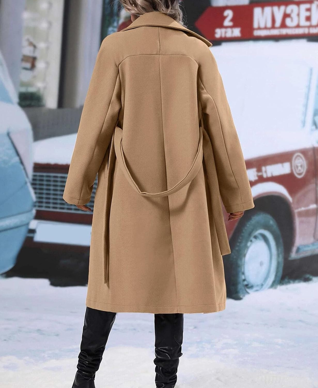 OPCAKM Women's Winter Wool Blend Pea Coat Double Breasted Notch Lapel Long Trench Coat - Image 4