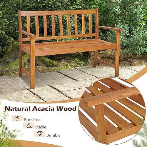 Miniatura 5 de Tangkula Banco de madera de acacia para exteriores, banco de jardín para 2 personas con respaldo y reposabrazos, banco de jardín con asiento de