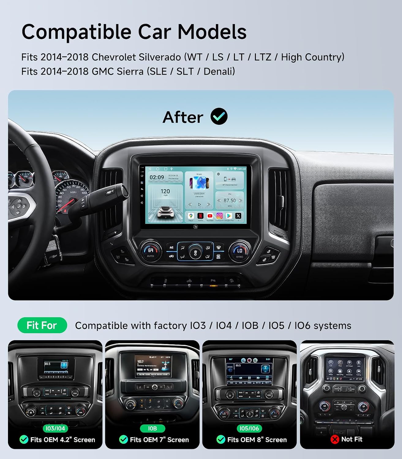 Car Radio Stereo for Chevy Silverado GMC Sierra 14-18, CarPlay Android Auto | 10.2-inch IPS HD touchscreen, 64G storage, 5G WiFi GPS, Bluetooth FM AM SWC, plug-and-play, 1080P backup camera