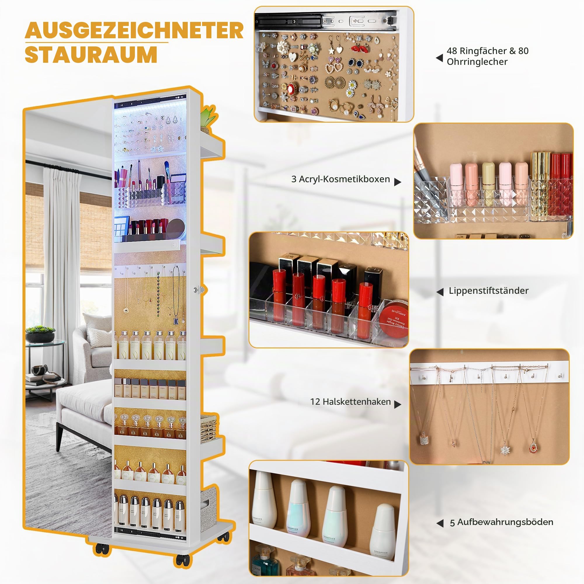 Lvifur 360° drehbarer Schmuckschrank mit 3-Farben-LED, abschließbarer Schmuckschrank mit verschiebbarem Ganzkörperspiegel, freistehender Spiegelschrank für Wohnzimmer und Schlafzimmer
