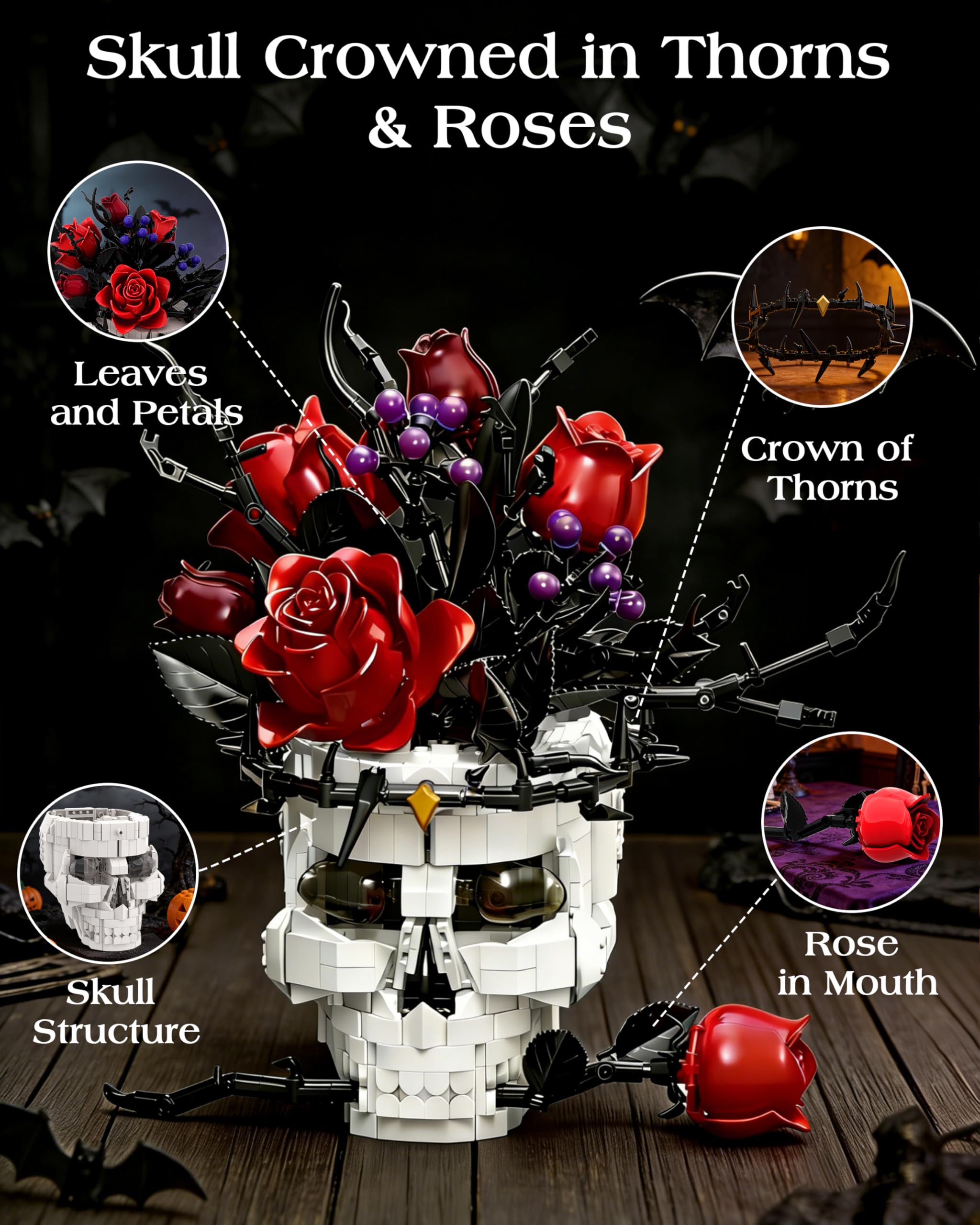 Set di Costruzione Teschio Gotico con Rosa in Bocca – Decorazione Estetica per Adulti, Centrotavola Dark Academia, Compatibile con Fiori Lego e Set Horror, San Valentino e Halloween