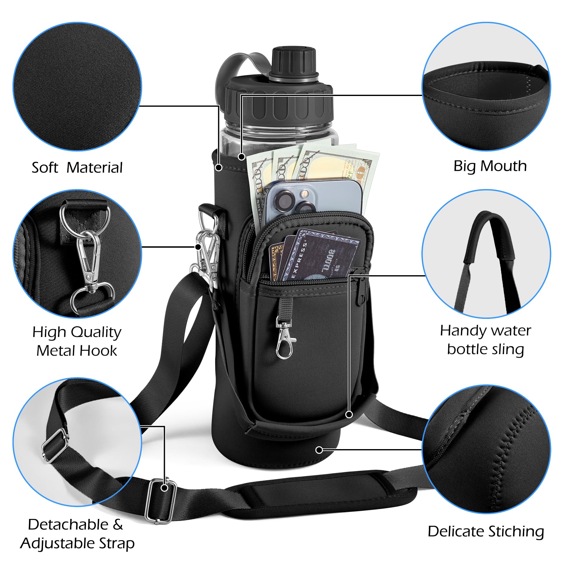 Wasserflaschenhalter mit Gurt, Wasserflaschen-Tasche, 100 ml, großes Fassungsvermögen, verstellbare Schulter-Handschlaufe, 2 Handytaschen, Wasserflaschenhalter, Wasserflaschenzubehör für