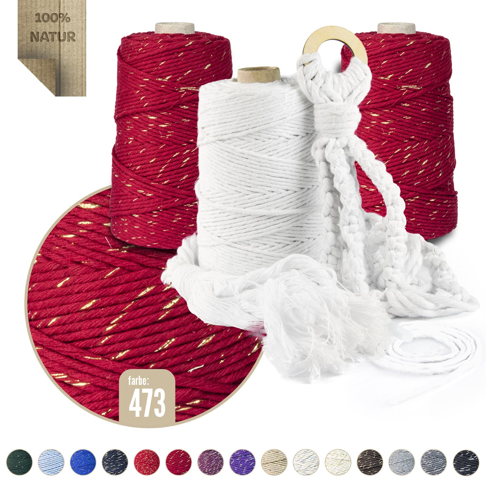 Hilo de macramé premium, 800 m, 3 mm, rojo oscuro con hilo dorado, 100 % algodón, cordón natural, hilo de algodón, decoración artesanal