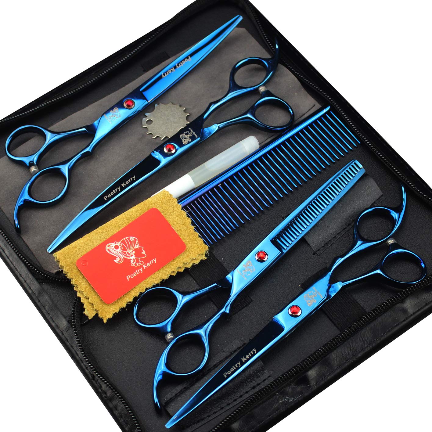 5PCS Scheren-Set für die Tierpflege, 7 Zoll Hundepflege-Set, Trimmer-Set für Hundekatzen-Haustiere mit Schneidschere, dünner werdender Schere, gebogene Schere, Pflegekamm und Ledertasche