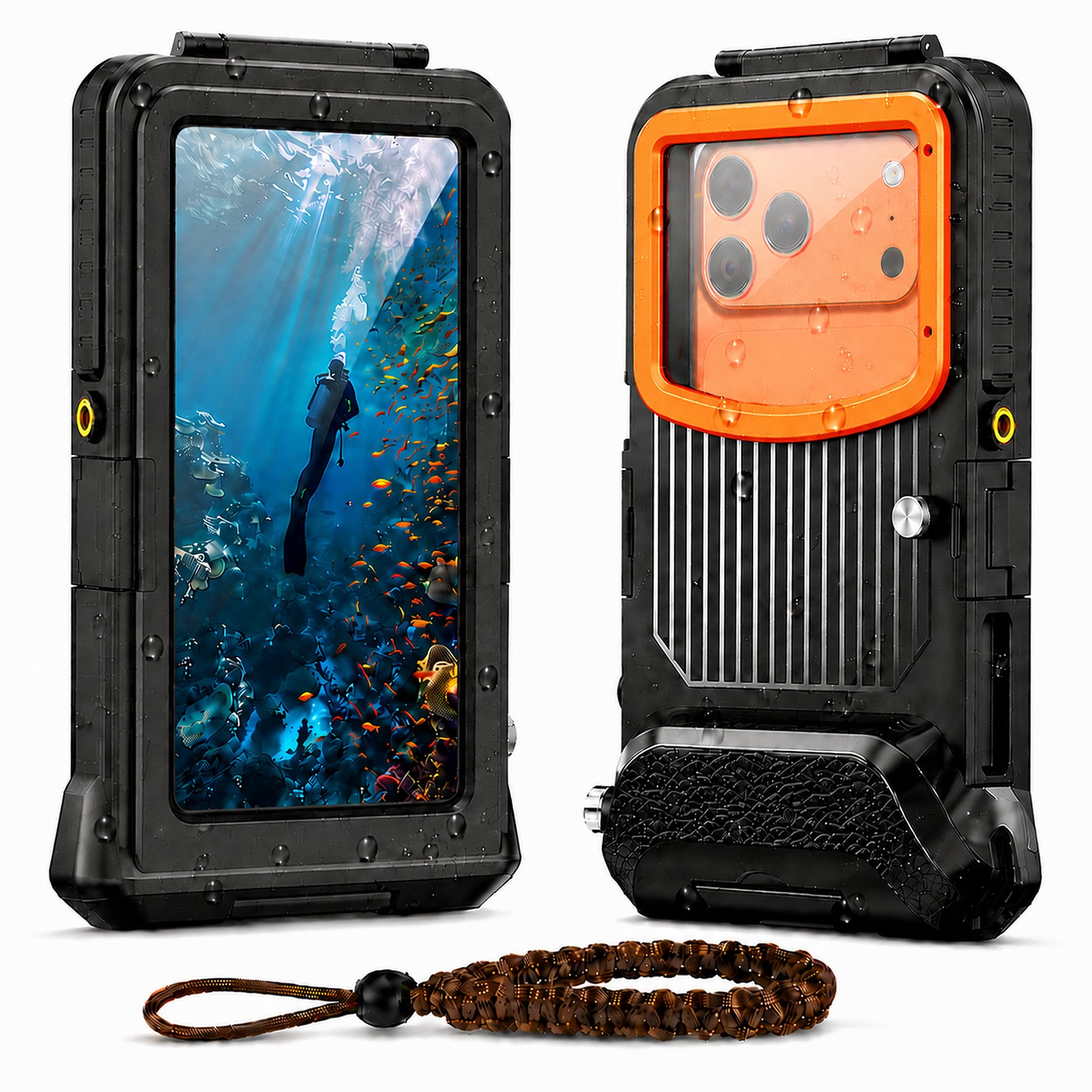 YIXXI Universal Diving Case for iPhone 5.4"-6.9", 15m/50ft Professional Underwater Housing with Vacuum Valve, Physical Shutter, 1/4" Tripod Mount (Black Orange, Gen 2s)