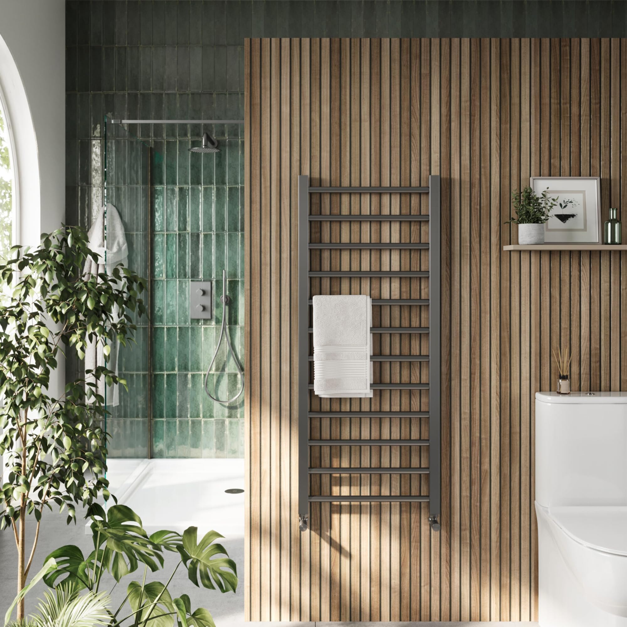 FNX Bathrooms Bubly Bathrooms™ Vibe 1600X500mm Gunmetal Modern Ladder Heated Towel Rail from B&Q