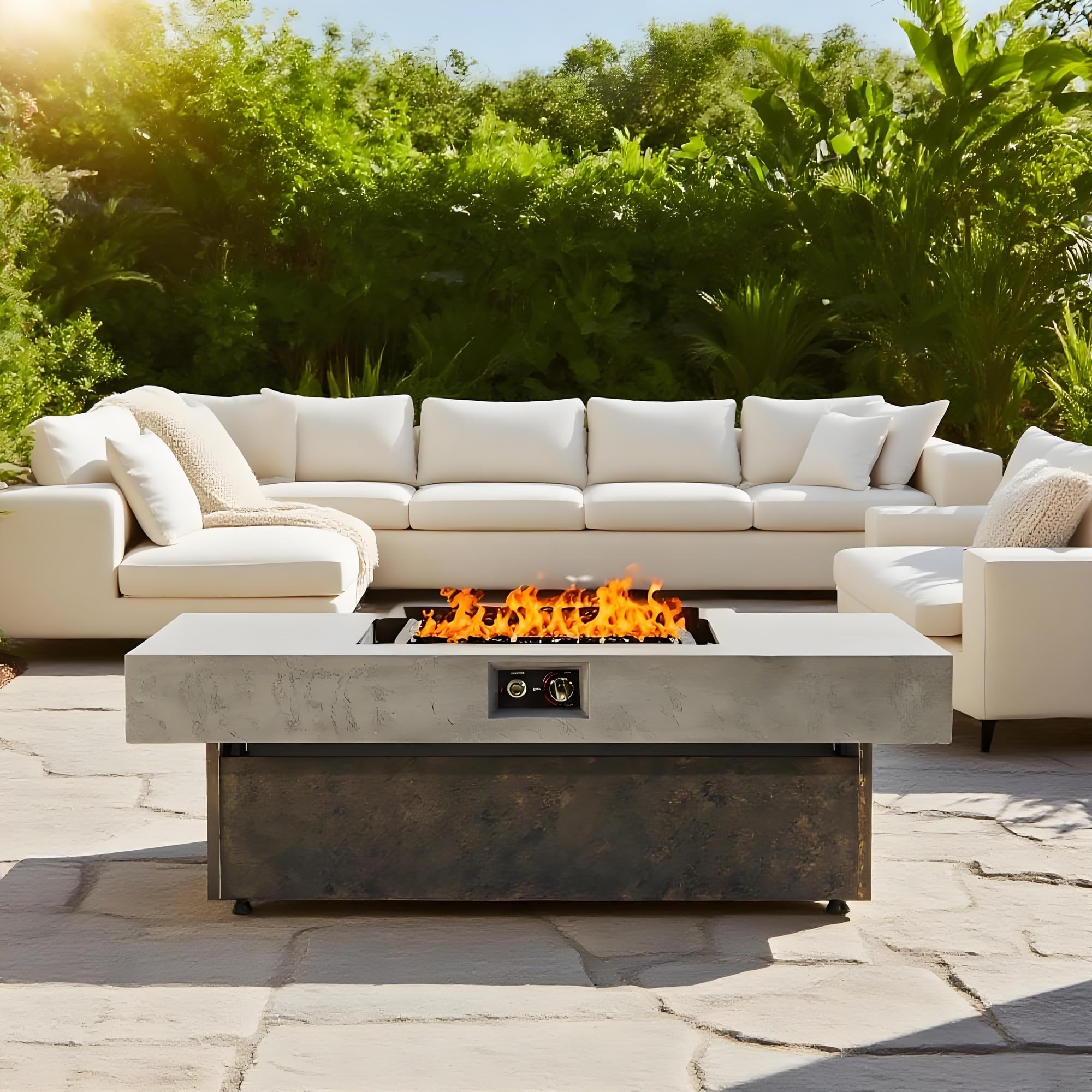 Propane Fire Pit Table, 55 Inch Firepits for Outside, Rectangle Gas Fire Pits for Outside Patio, Backyard, Pool, 50000BTU, Free Waterproof Cover, Tank Outside, Tank Not Included, Brown+Gray