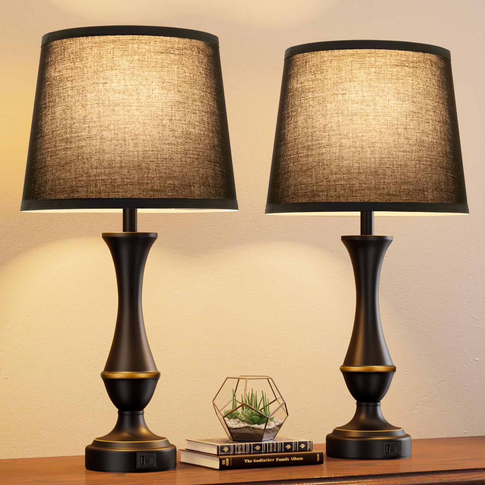 Touch Lamps for Nightstand, 3 Way Dimmable Lamps for Bedroom with USB C+A
