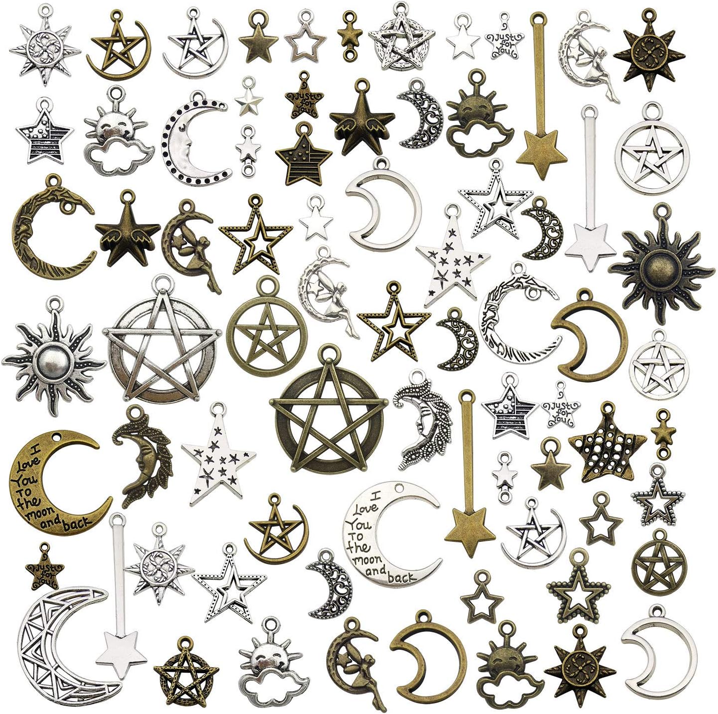 WOCRAFT 100g(About 76pcs) Craft Supplies Small Antique Bronze Silver Sun Moon Star Charms Pendants for Jewelry Making Findings Crafting Accessory for DIY Necklace Bracelet (M206)
