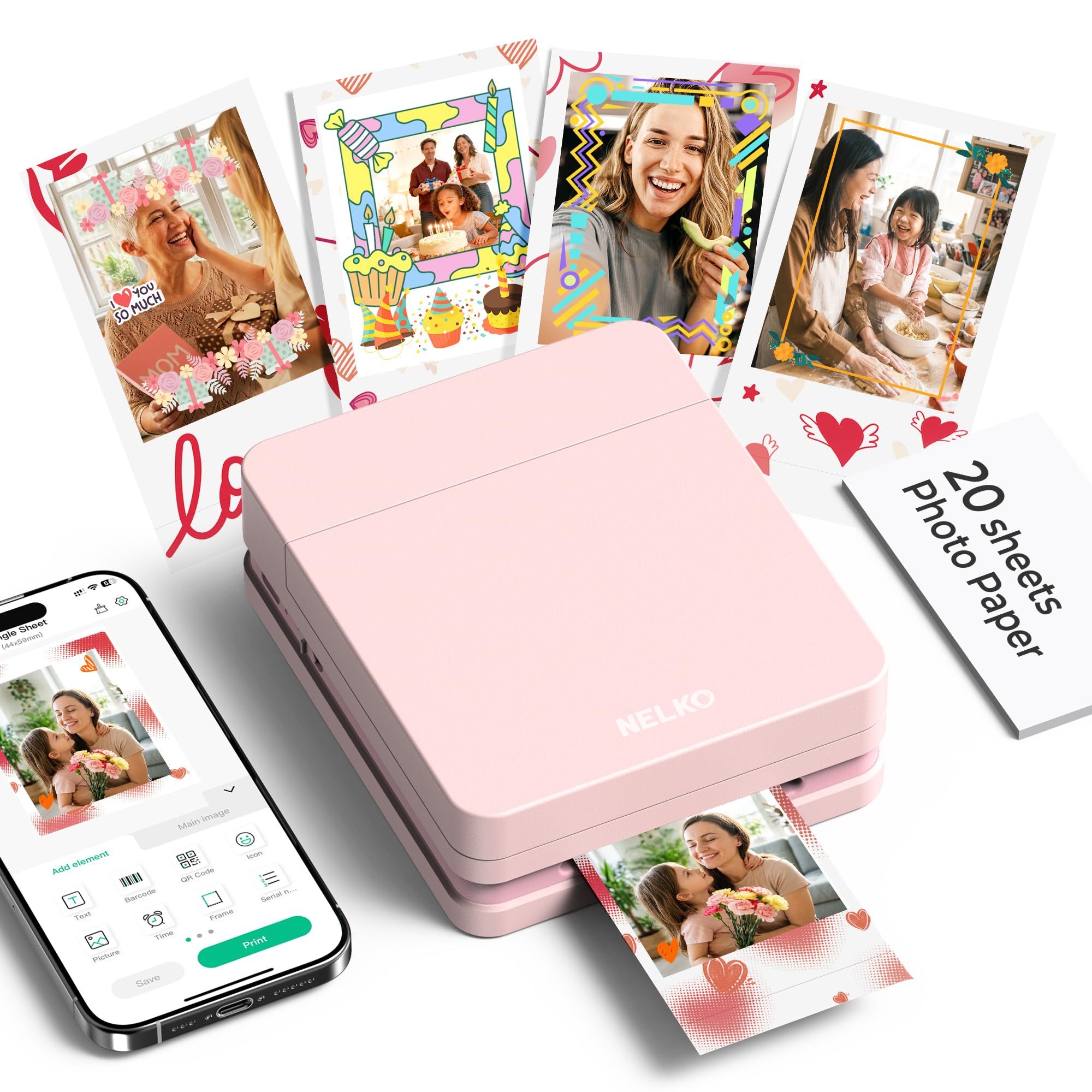 Nelko Photo Printer, PP01 Color Mini Portable Printer, Instant Smartphone Inkjet Printer, Sticky-Back Rechargeable Portable Picture Printer for iOS &