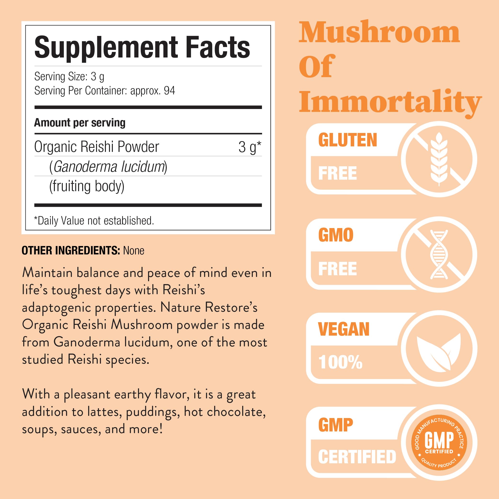Nature Restore Organic Reishi Mushroom Powder (10 oz). Pure Ganoderma Lucidum Adaptogen for Stress and Immune Support, Bulk Whole Mushroom Powder for DIY Coffee — Amazon image 2