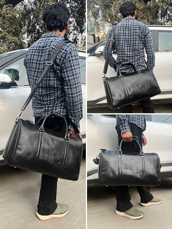 Leather Duffle Bag for Men - Travel Overnight Holdall - Weekend Carry On Suitcase - Underseat Flight Cabin Duffel Bag