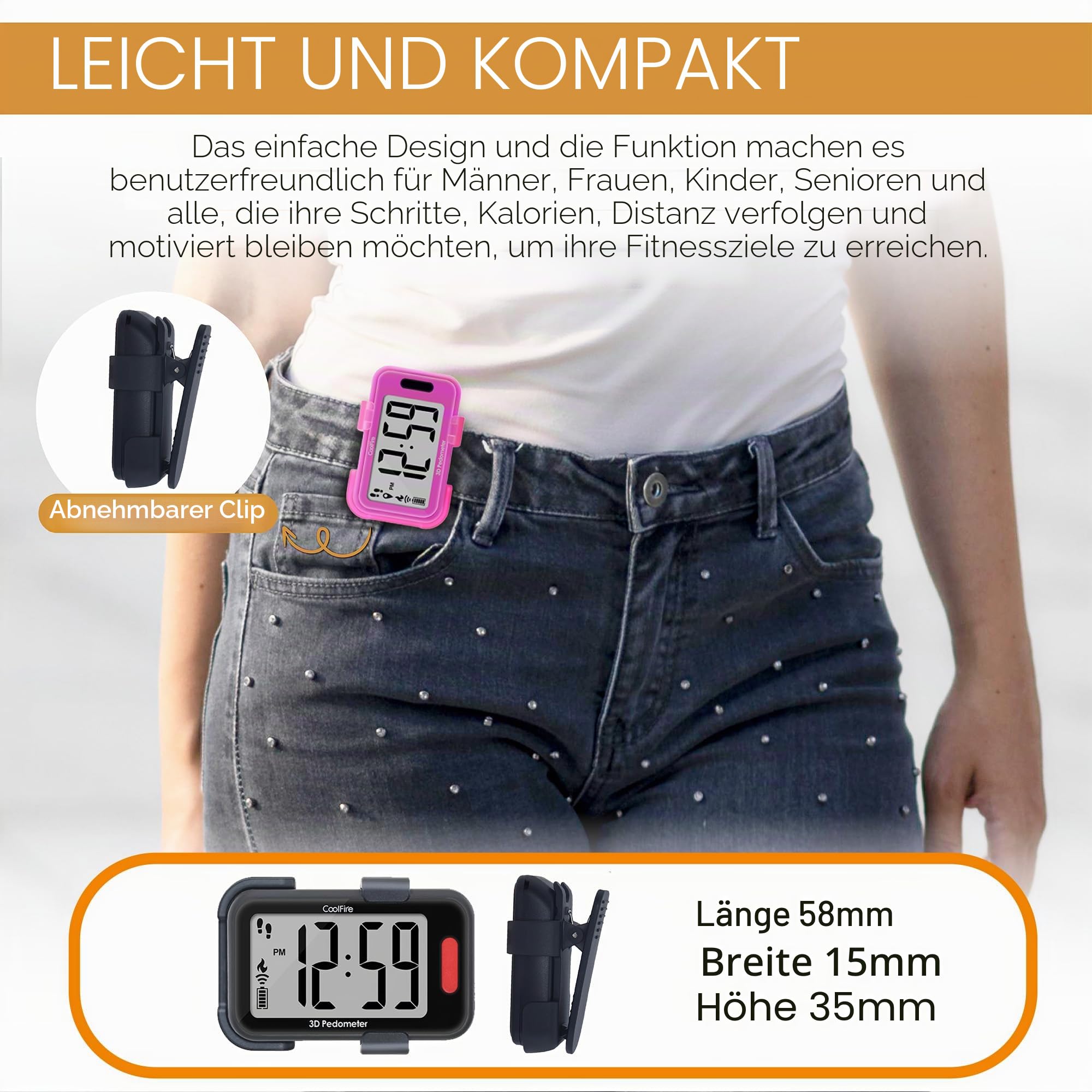 CoolFire - Clip-On 3D Schrittzähler Schrittzähler für Schritte, Meilen & Kalorien | Funktioniert allein oder mit optionaler App | Genauer Indoor- & Outdoor-Fitness-Tracker für Männer, Frauen, Senioren