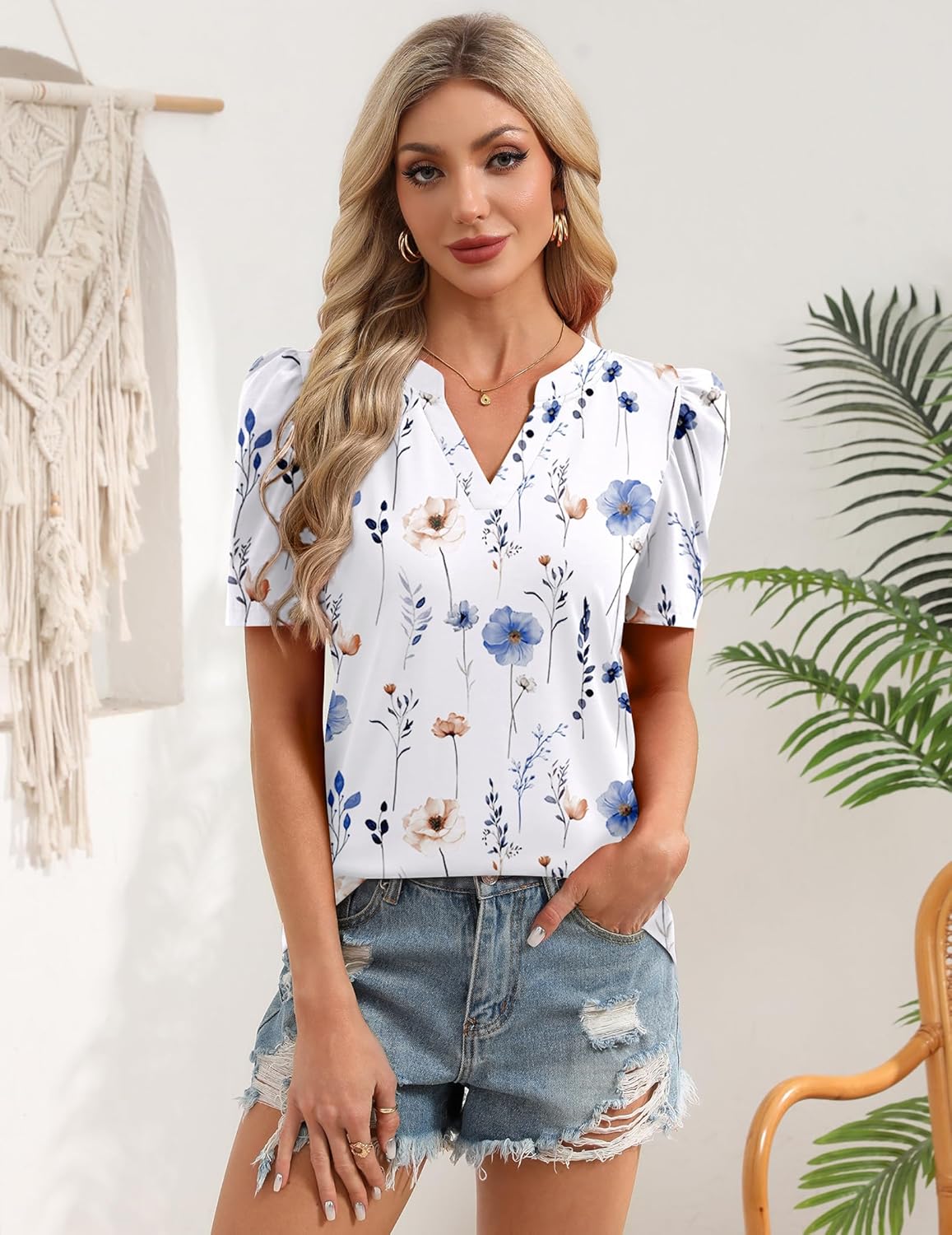 Zeagoo Women Blouses Puff Short Sleeve Shirts Spring V Neck Tops Dressy Casual Summer Tunics Floral Cute Clothes - Image 4