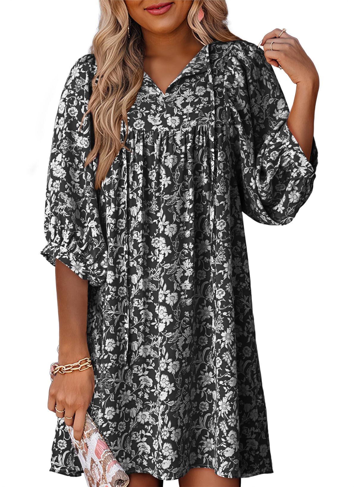 Dokotoo Womens Summer Dresses 2025 Boho Floral Drawstring V Neck Chiffon Lantern Sleeve Beach Vacation Mini Dress Sundress