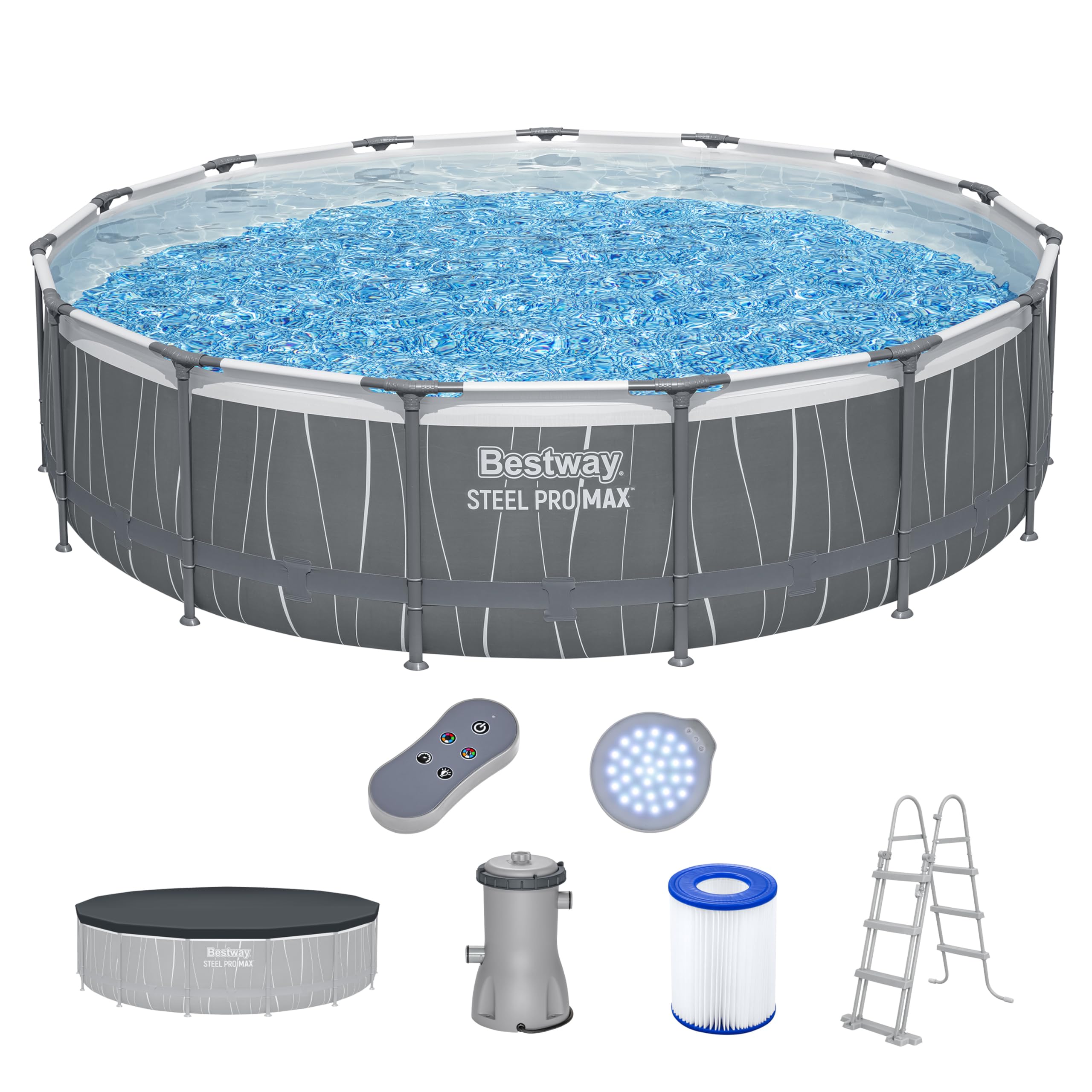 Bestway Steel Pro MAX Frame Pool Komplett-Set mit Filterpumpe Ø 457 x 107 cm, LED-Design, rund