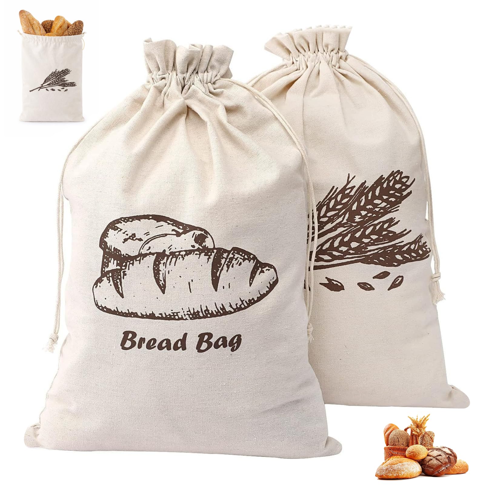 2PCS Bread Storage Bags, Reusable Linen Bread Bag with Drawstring, Bread Bags to Keep Bread Fresh for Homemade Sourdough, Baguettes, and Bakery Items-30cm x 45cm