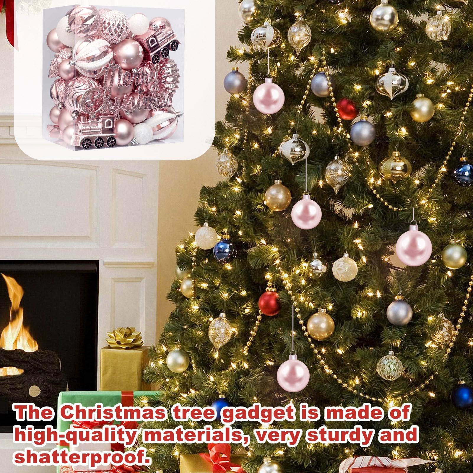 Ornamenti per albero di Natale, 65 pezzi, set di ornamenti natalizi infrangibili, grandi palle rotonde | decorazioni natalizie dipinte a mano per albero, corona, , tavolo e espositore per Vac