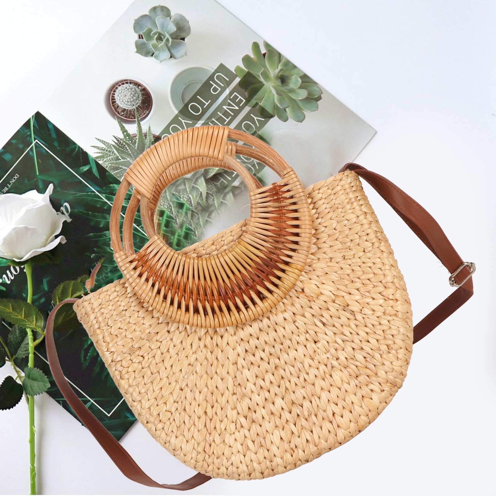 Garsent Mode Weben Rattan Tasche für Frauen, Retro Kleine Halbkreis Handgewebte Stroh Schulter Tasche, Leicht, Langlebig