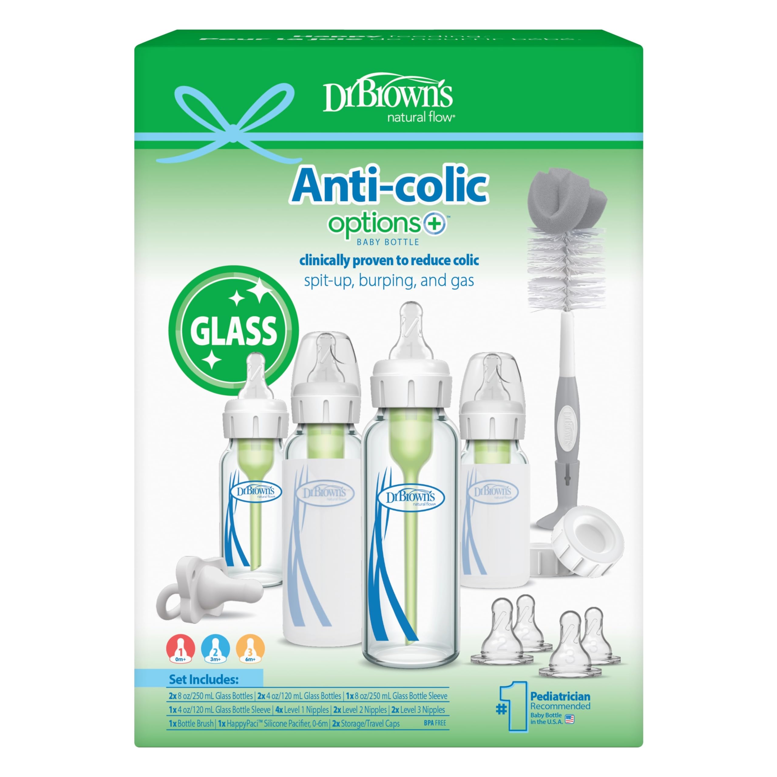 Dr. Brown's Anti-Colic Options+ Narrow Glass Baby Bottle Starter Set with Level 1, 2, and 3 Nipples, Silicone Sleeves, Soft-Touch Brush, Travel Caps, and HappyPaci, 0m+ (Packaging May Vary) Clear Glass Starter Set