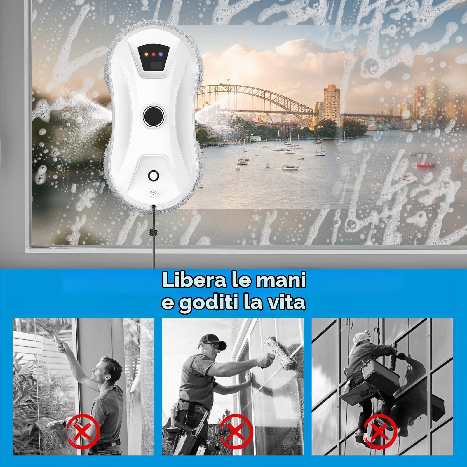 Robot per la pulizia delle finestre, 5600 Pa, con funzione automatica a doppio spruzzo, 3 modalità di pulizia, sistema di rilevamento dei bordi, telecomando, sistema di sicurezza, per vetro