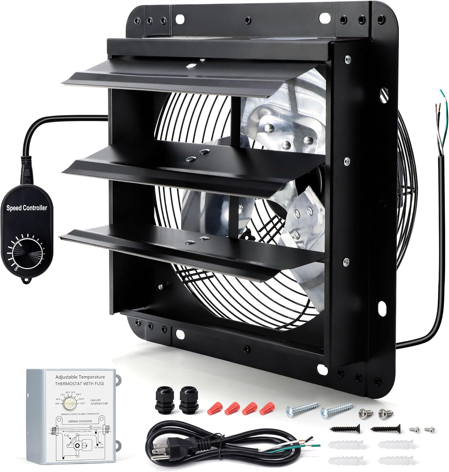 10 Inch Wall Mounted Shutter Exhaust Fan with Thermostat and Speed Controller for Attic, Greenhouse, Shed, Garage, Chicken Coop, Shop, Barn Ventilation, 820 CFM Louvered Vent Fan, Black