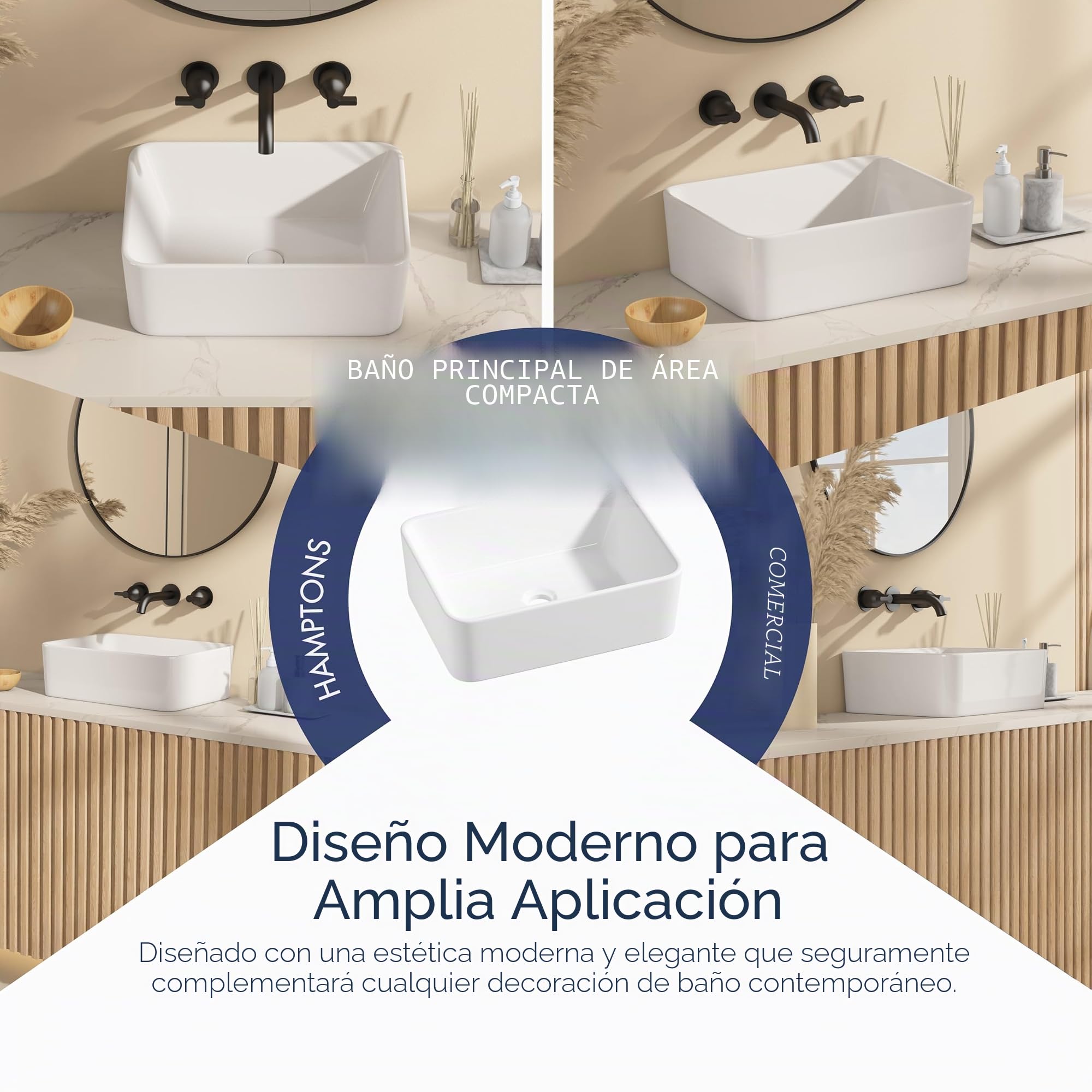 Eridanus Lavabo rectangular de cerámica para encimera de baño, moderno lavabo cuadrado de porcelana vítrea para tocador, color blanco brillante, 400 x 300 x 130 mm