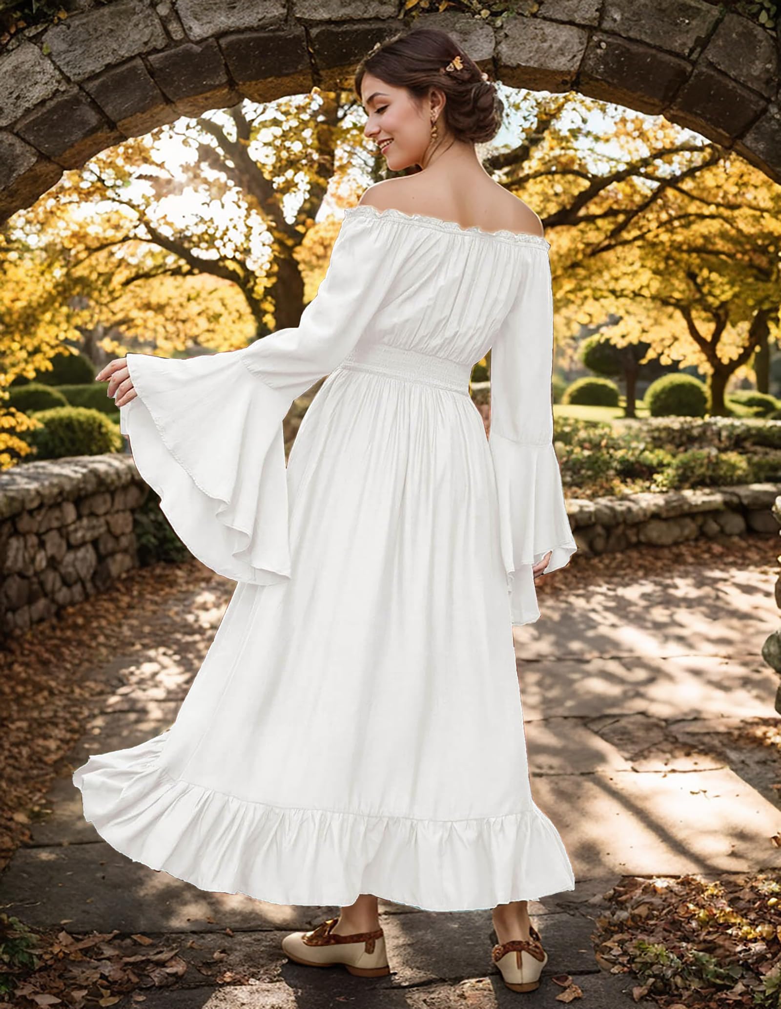 Gothden Renaissance Dress Women Medieval Costume Victorian Dresses Peasant Gothic Dress White, XL - Image 4